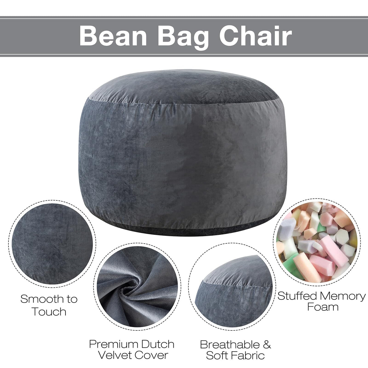 Large Bean Bag Chair for Adults/Kids with Filling, 3 ft Memory Foam Bean Bag Chairs with Filler Included, Ultra Soft Dutch Velvet Fabric, Bean Bag for Living Room - 3 Foot,Dark Gray EDUJIN