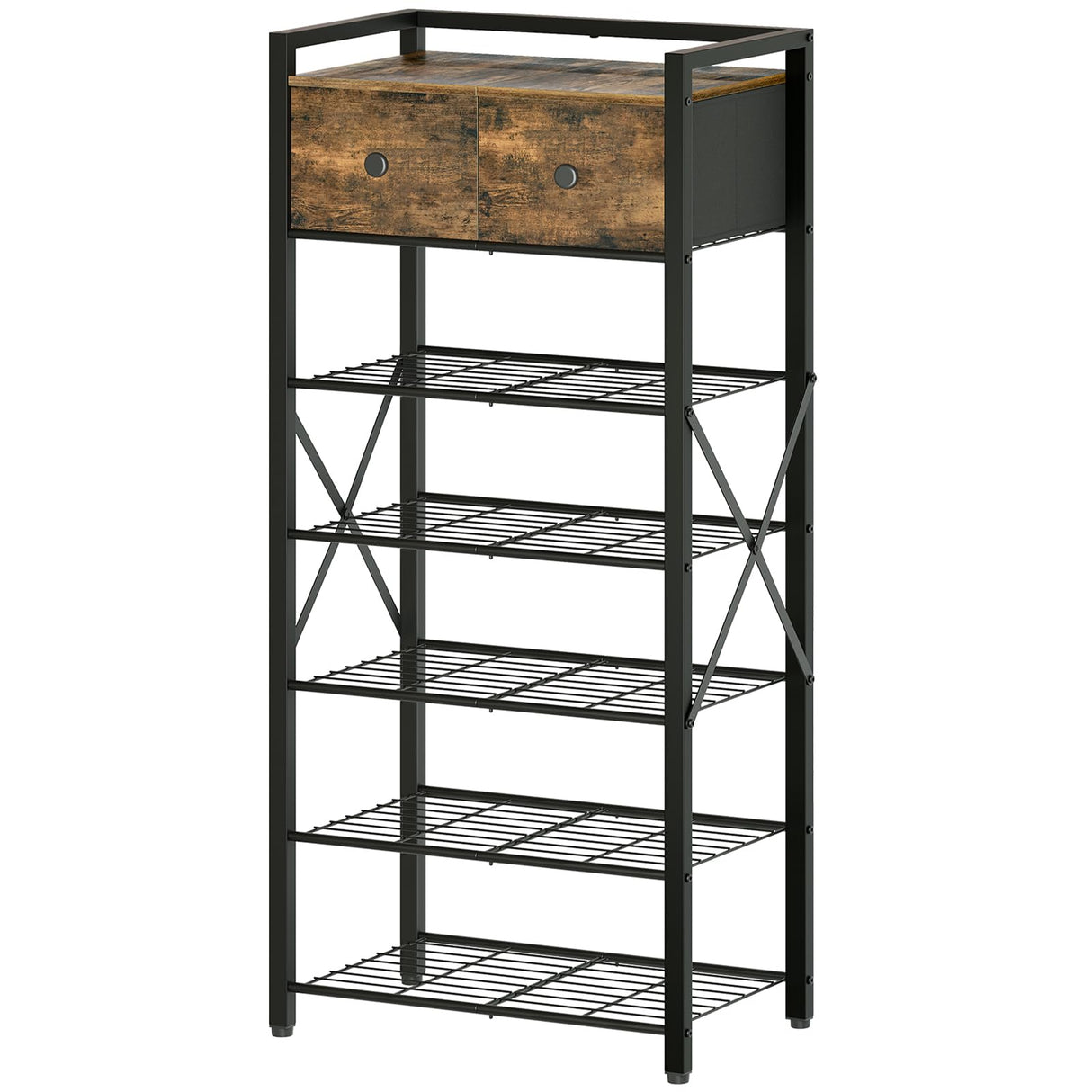 YATINEY Shoe Rack, 7-Tier Shoe Storage Organizer for Entryway, Free Standing Shoe Shelf with 2 Non-Woven Drawers, Metal Frame, for Closet, Hallway, Garage, Rustic Brown and Black SS07BR YATINEY