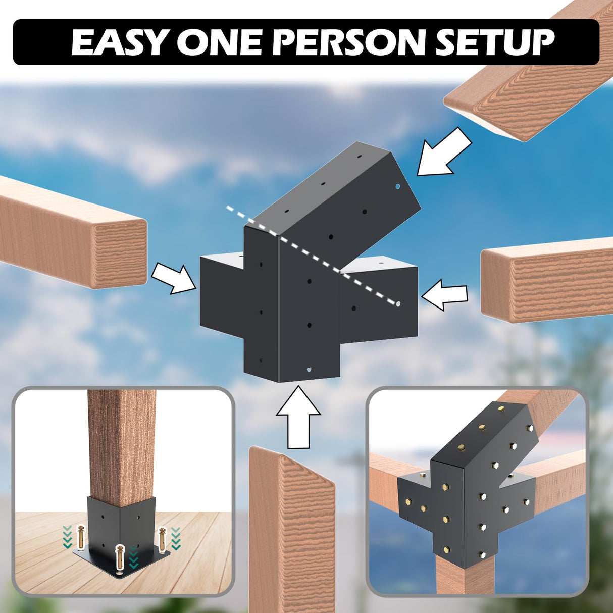 Grehitk Pergola Kit, Slanted Roof Pergola Brackets Kit, DIY Pergola Kit 3-Way 120° Corner Bracket and 40°4-Way Corner Bracket with Pergola Post Base for 4x4''Wood Beams Elevated Wood Stand Kit Grehitk