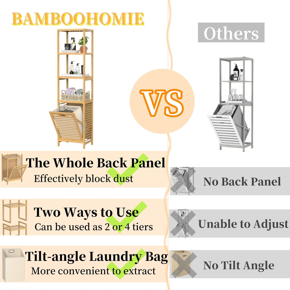 BAMBOOHOMIE Bamboo Tilt Out Laundry Hamper, 4-Tier Tilt Out Hamper for Laundry with Shelf & Removable Clothes Basket - Can Convert to 2-Tier Pull-Out Laundry Hamper & 2 Tier Freestanding Shelf, Beige BAMBOOHOMIE