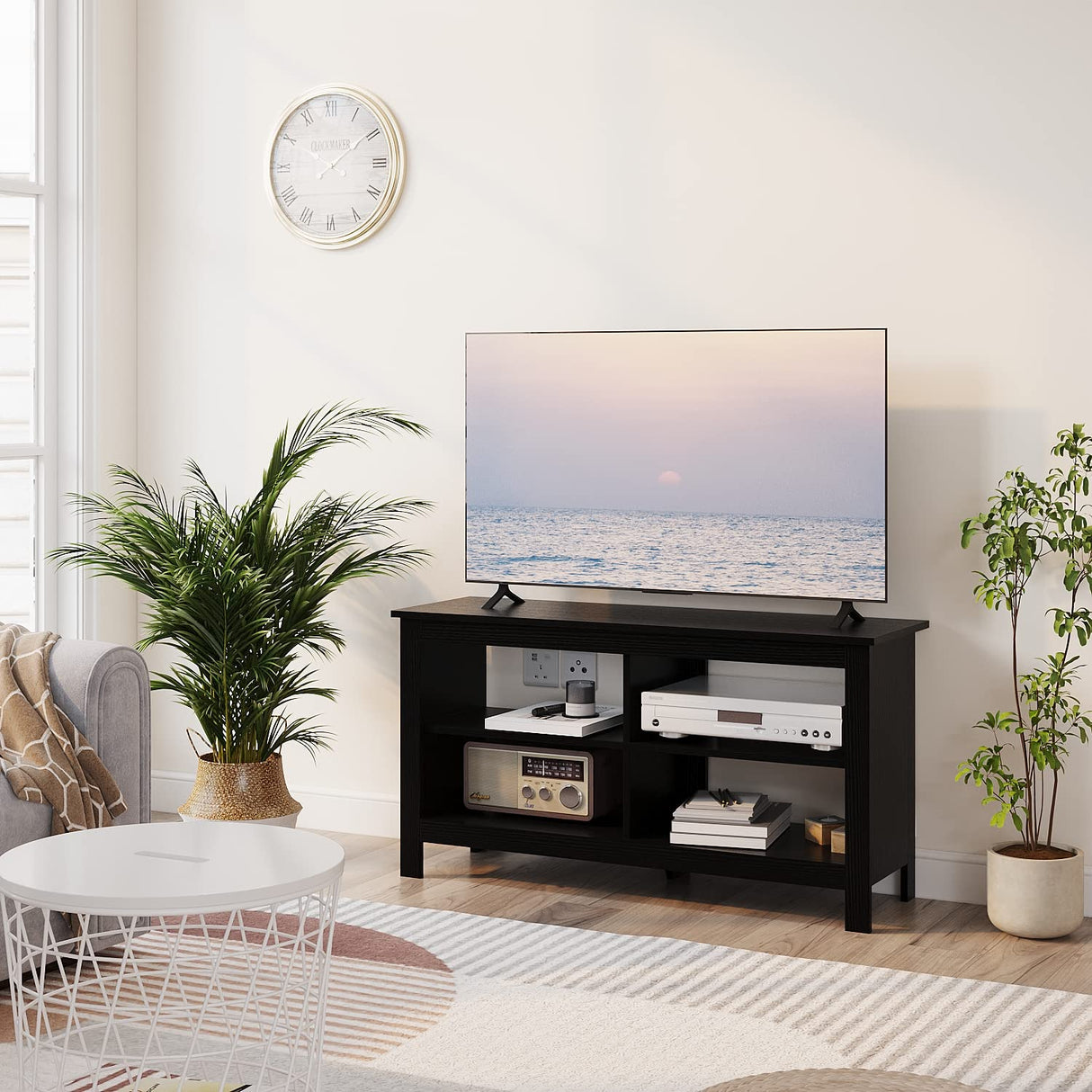 Gyger 43 Inches TV Stand,Mid Century Modern Entertainment Center with 4 Open Shelves Farmhouse TV Media Console Table for Living Room,Bedroom,Television Stand up to 50 Inches(Black) Gyger