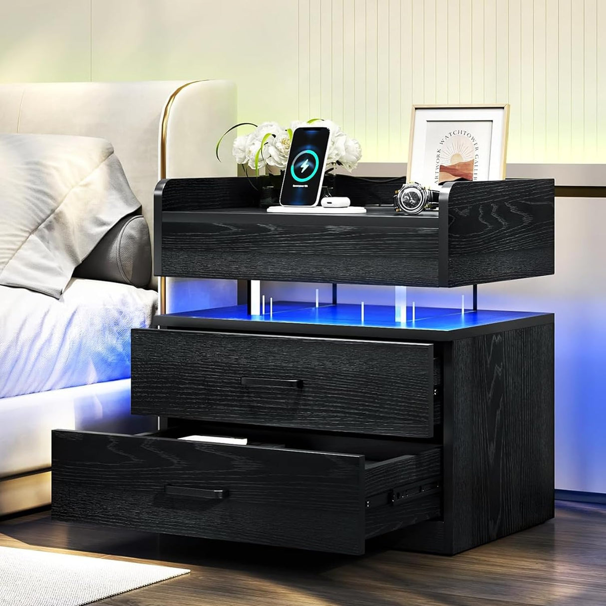 TC-HOMENY Floating Nightstand with 2 Drawers, LED Nightstand with Voice-Activated Mode, Side Table End Table with Charging Station (Black) TC-HOMENY
