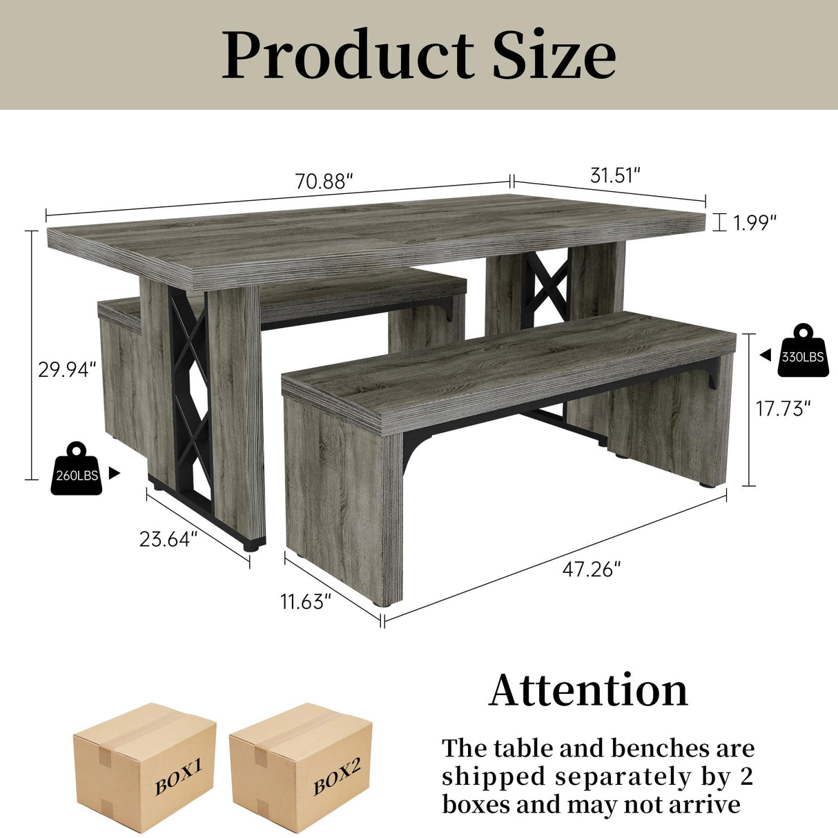 HIPIHOM 3-Piece Dining Table Set for 6-8 People, 70.8'' Rectangle Kitchen Table with 2 Benches for Breakfast Nook, Dining Room Furniture(Grey Table+Bench) HIPIHOM