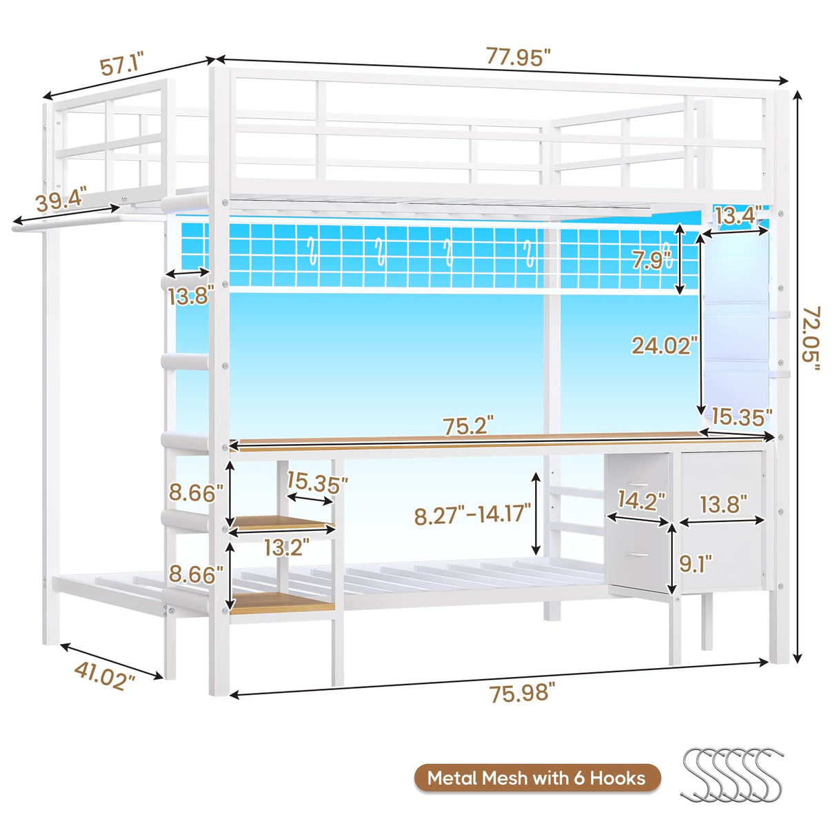 DICTAC Full Over Twin Size Bunk Bed with Desk and Led Lights Metal Loft Bed Frame with Charging Station,Storage Shelves and Drawers for Teen & Adults,Safety Guard & Ladder,No Box Spring Needed,White DICTAC