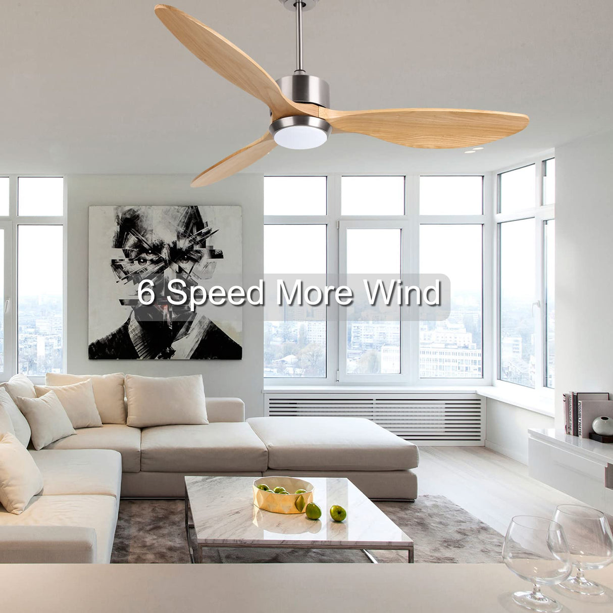 Ovlaim 52 Inch Solid Wood Ceiling Fans with Lights Remote Control, 6 Speed Quiet DC Motor 3 Blade Propeller Smart Ceiling Fan, Indoor Living Room Bedroom Ovlaim