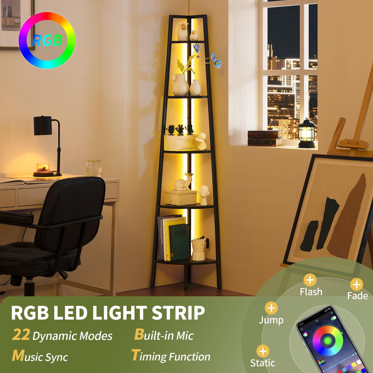 Yoobure Corner Shelf Stand, 5-Tier Bookshelf with LED Lights & Steel Frame, Tall Storage Shelves for Living Room, Bedroom, Office, Multi-Purpose Display Bookcase Yoobure