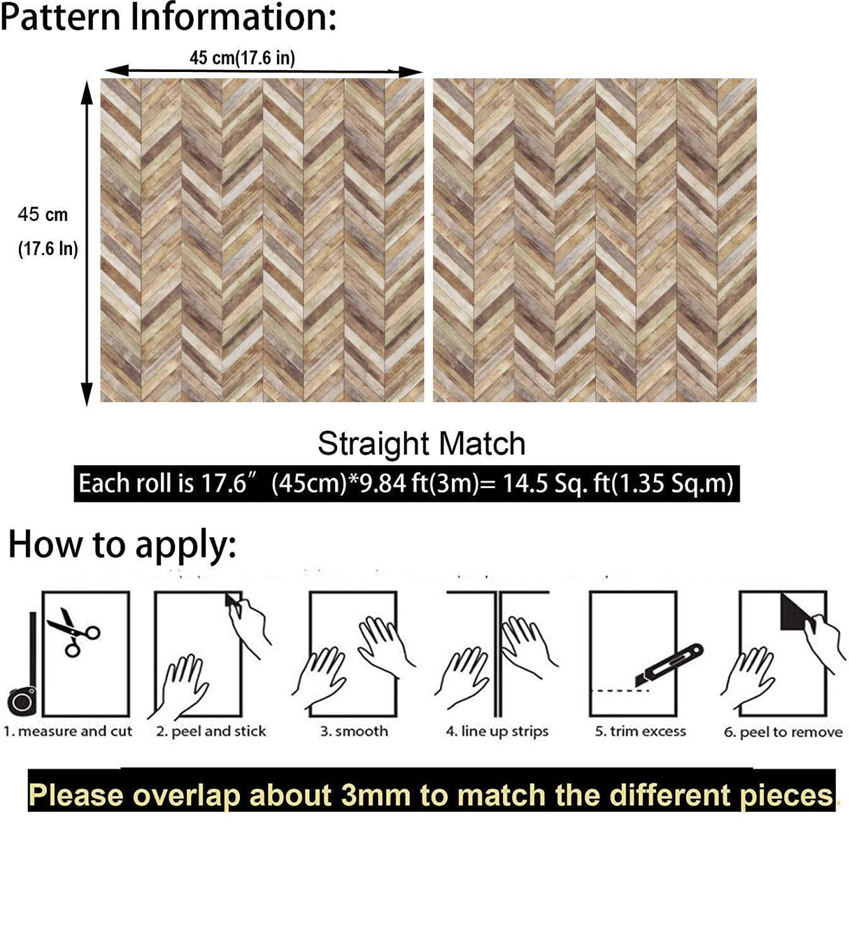 Meihodan Handpainting Peel and Stick Wallpaper Herringbone Wood Panel Self-Adhesive Prepasted Wallpaper Wall Mural 17.7in x 9.8ft Meihodan