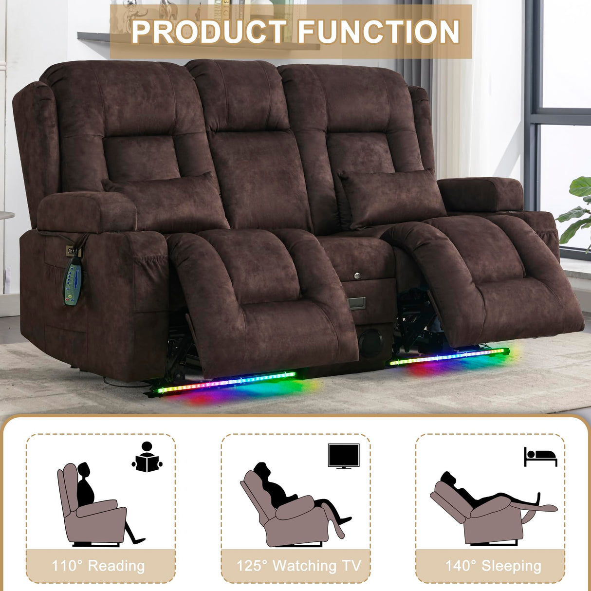 URRED Power Reclining Loveseat Sofa with Console, RV Couch Loveseat Recliner Sofa with Massage & Heat, LED Light, Cupholders, Bluetooth Speakers, USB Charge Ports, Outlets, Velvet, Brown URRED