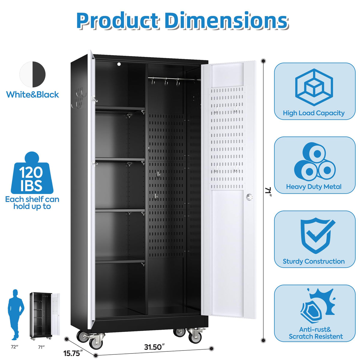 SUXXAN Broom Closet Storage Cabinet, Metal Cabinets with 13 Hooks and Hanging Rods, 71" Vertical Storage Cabinet, Metal Garage Storage Cabinet, Heavy Duty Cleaning Cabinet for Garage, Laundry Room SUXXAN