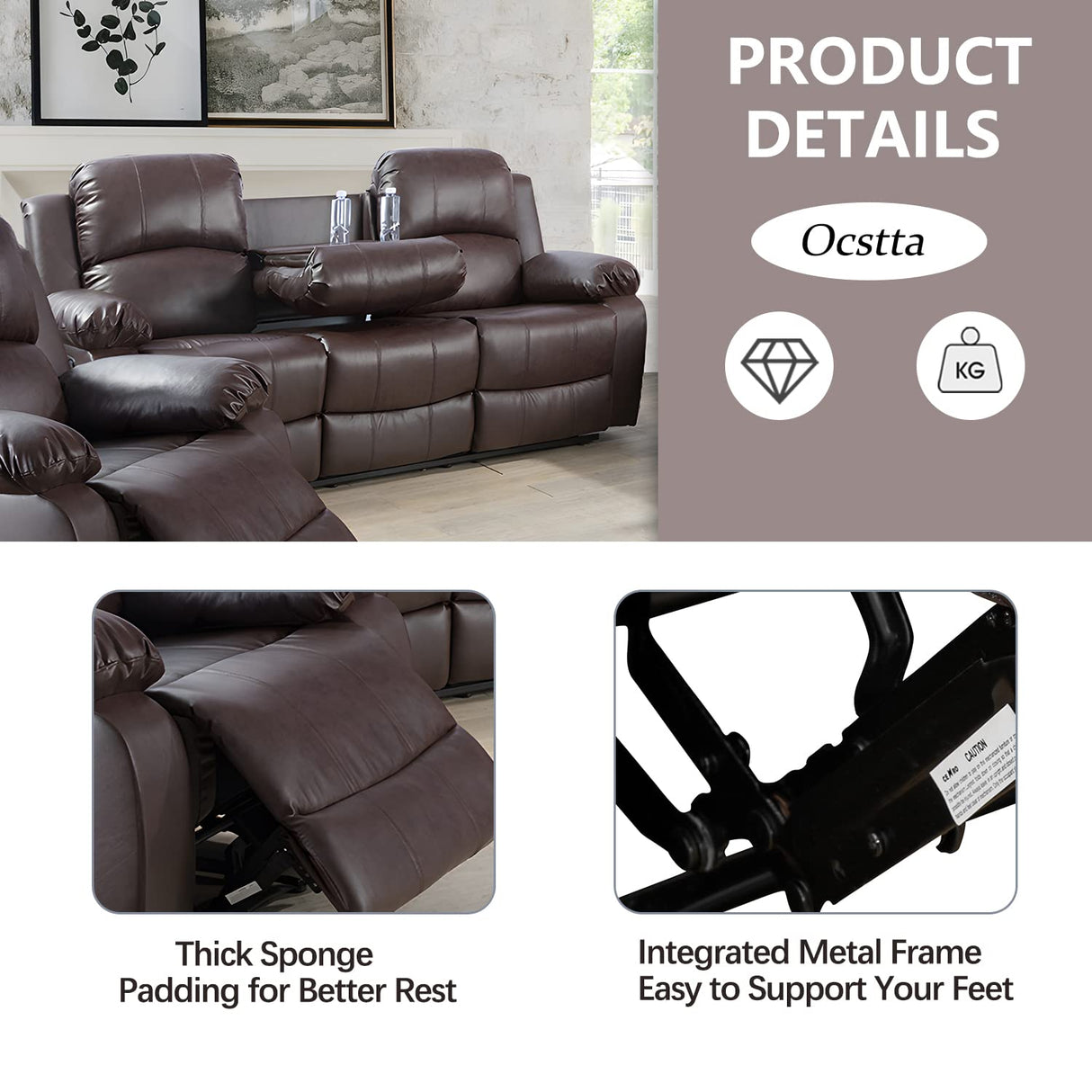 Ocstta Manual Leather Recliner Sofa Set for Living Room Furniture Set,Leather Recliner Couch Set for Home/Office,Leather Reclining Sofa Set for 3-Pieces(Sofa+Loveseat+Chair) Brown Ocstta