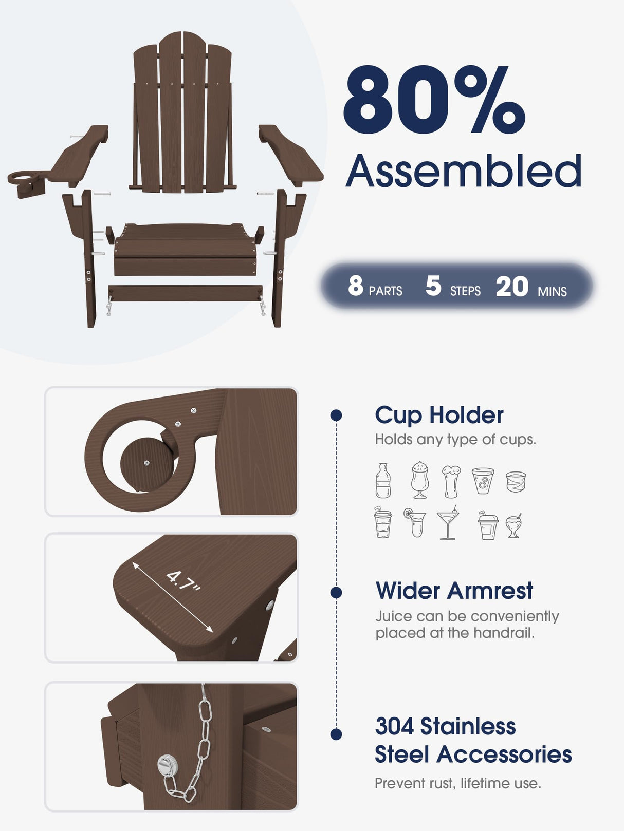 KINGYES Adjustable Folding Adirondack Chair, HDPE Reclining Adirondack Chair with Cup Holder, All Weather Resistance Embossing Oversize Adirondack Outdoor Chair, Brown KINGYES