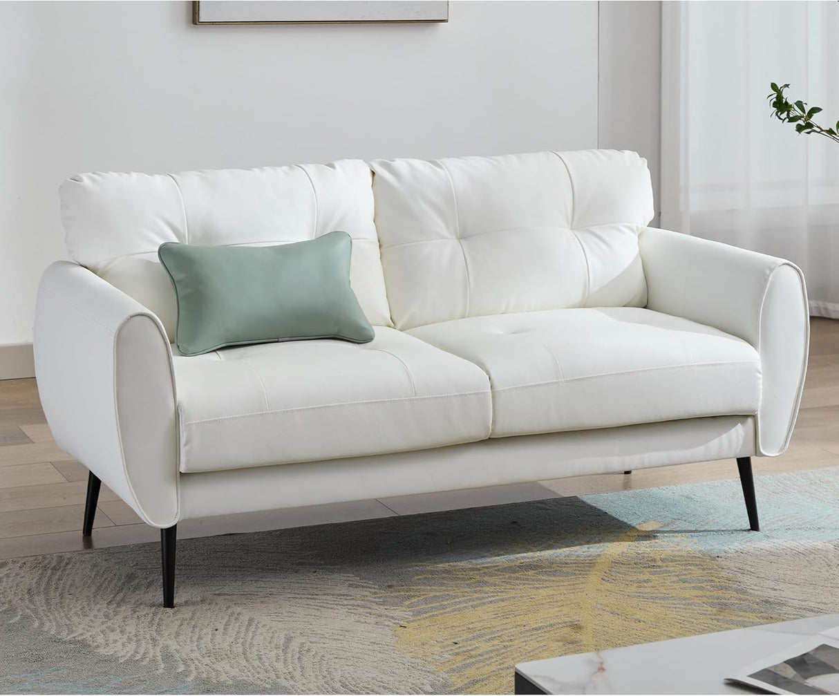 TYBOATLE Sofa Couch 61" Loveseat Couches for Living Room, White Faux Leather Couch Mid Century Modern Tufted Mini Sofa Comfy Office 2 Seat Settee Love Seat Small Couches for Small Spaces Bedroom TYBOATLE