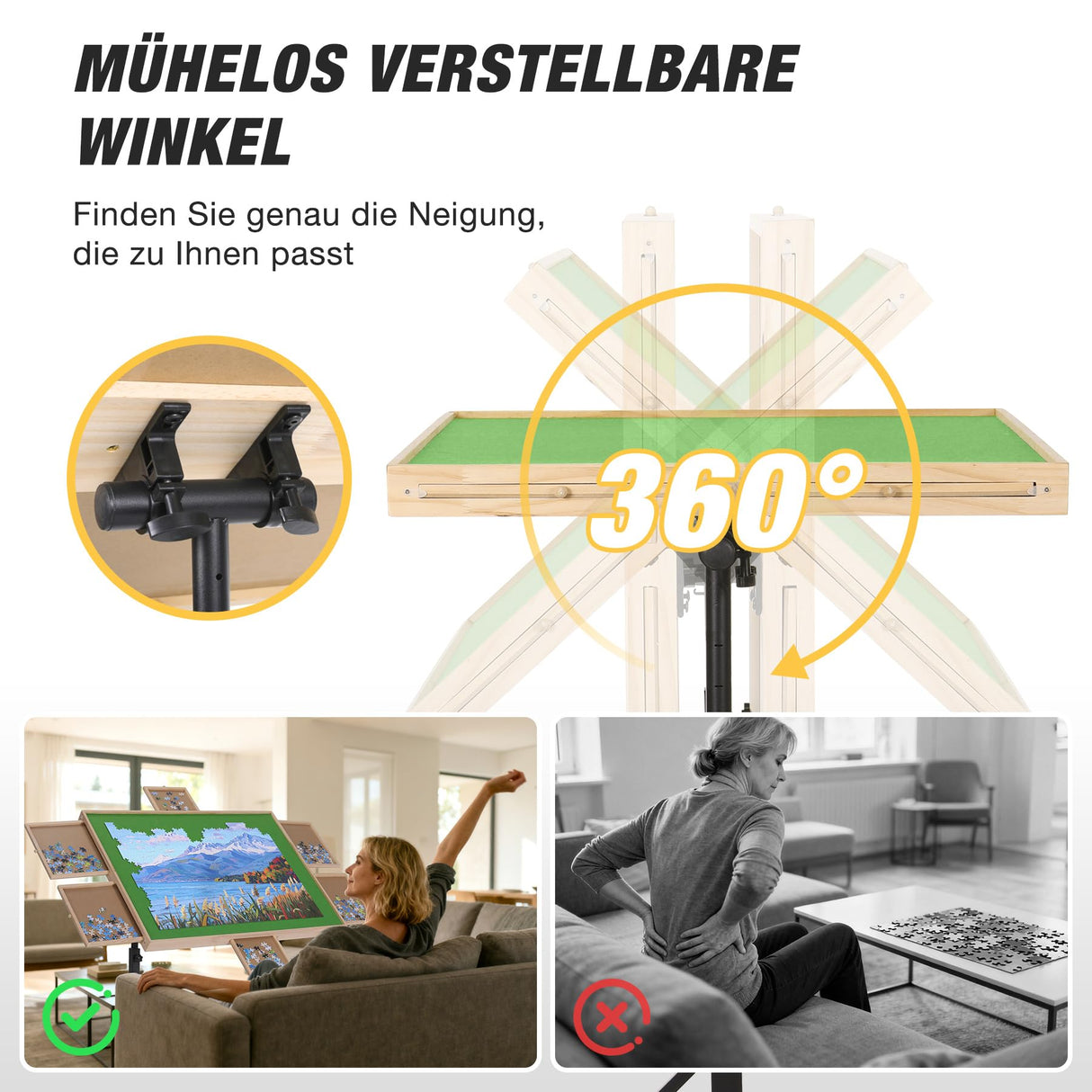 FUNTOK 1500 Piece Puzzle Table with Legs for Adults, Portable Wooden Puzzle Board Table with Drawers, Adjustable Height, 4-Tilting-Angle, Transparent Cover, Non-Slip Felt Surface, Present for Mom FUNTOK