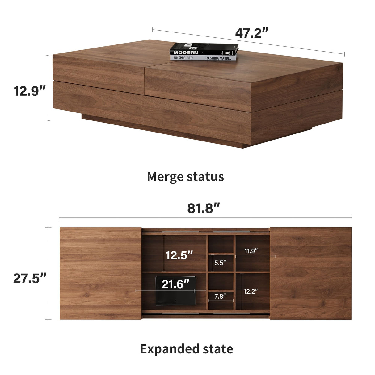 NessCarsti Mid-Century Modern TV Stand & Expandable Coffee Table Set, Walnut Finish, Stylish Storage Combo for Living Room or Bedroom (94.48“TV Stand+Coffee Table) NessCarsti
