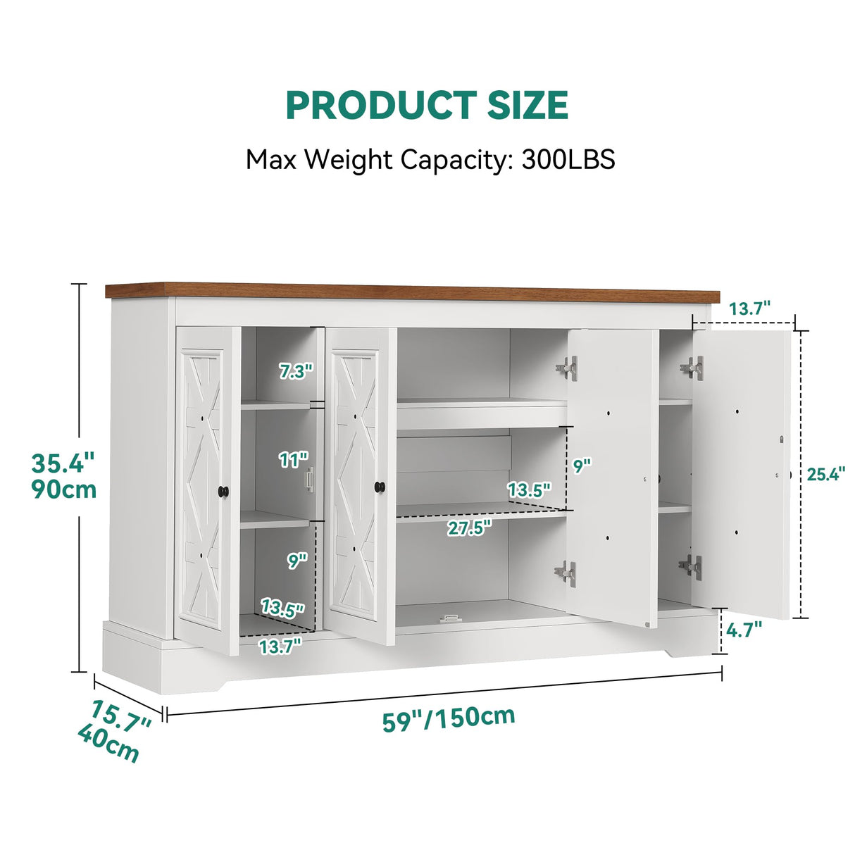 YITAHOME Sideboard Buffet Cabinet with Storage, 59" Buffet Storage with 4 Doors, Modern Farmhouse Coffee Bar Station Wood Kitchen Table with Adjustable Shelves for Kitchen, Living Room (White) YITAHOME