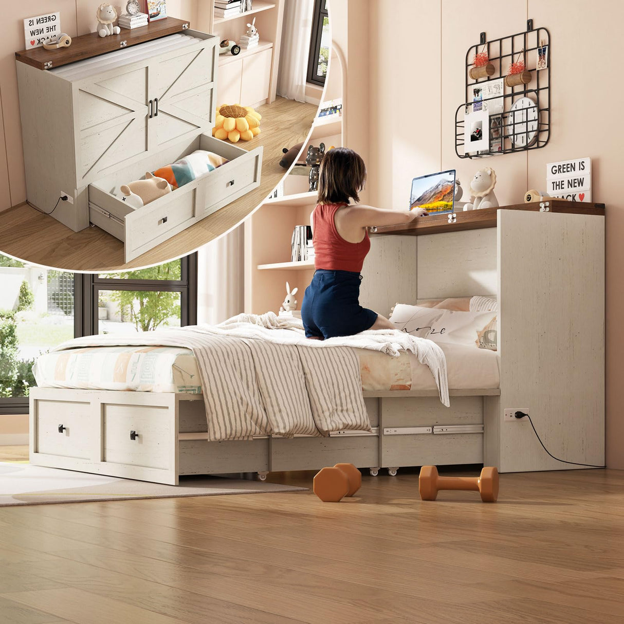 AMERLIFE Full Murphy Bed with Storage & Charging Station, Farmhouse Murphy Cabinet with Foldable Panel, Noisy Free, for Guest Bedroom, Living Room, Office, Distressed White & Barnwood AMERLIFE