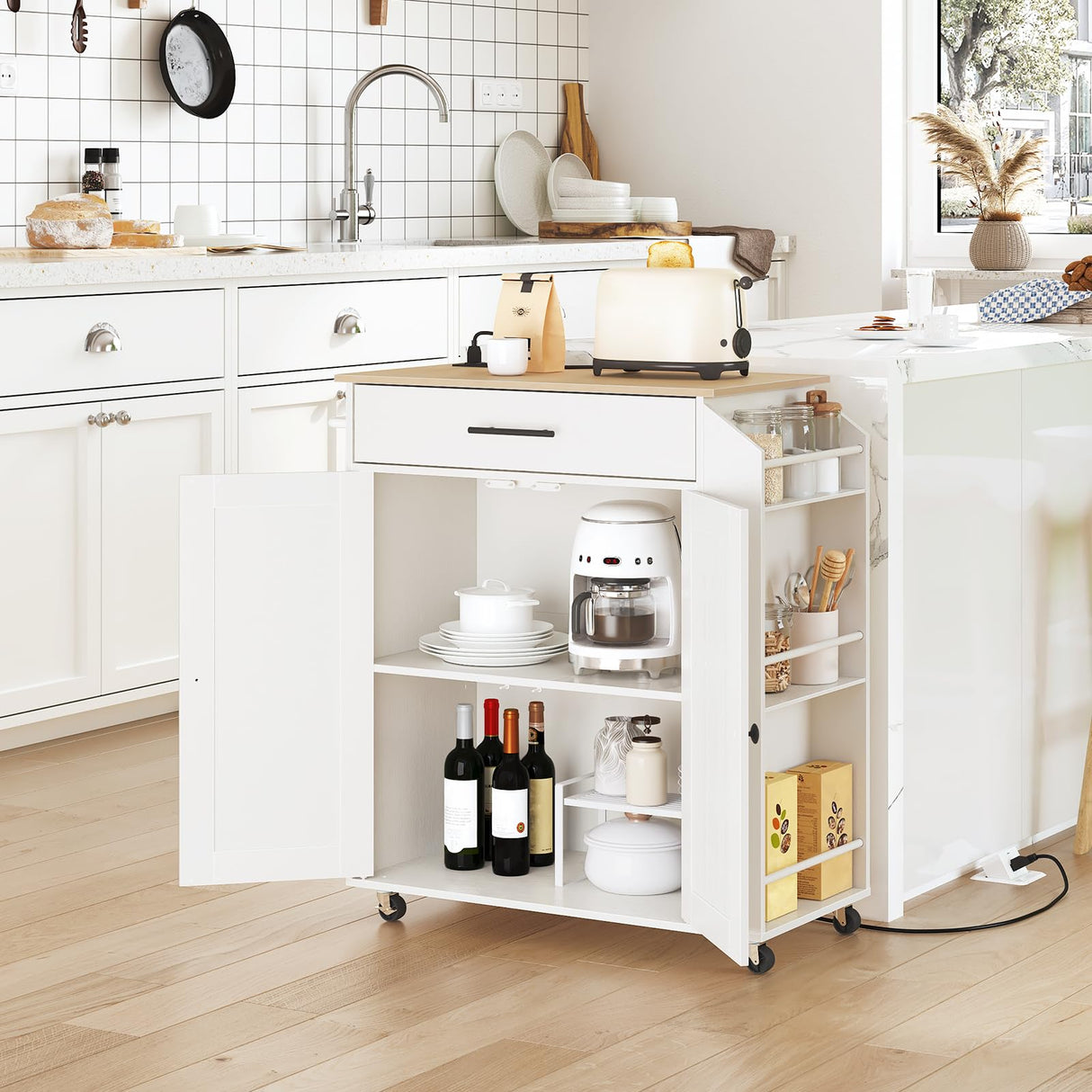 HOOBRO Kitchen Island with Power Outlet, Kitchen Storage Island with Spice Rack and Drawer, Rolling Kitchen on Wheels, for Home, Dining Room, Natural and White HOOBRO