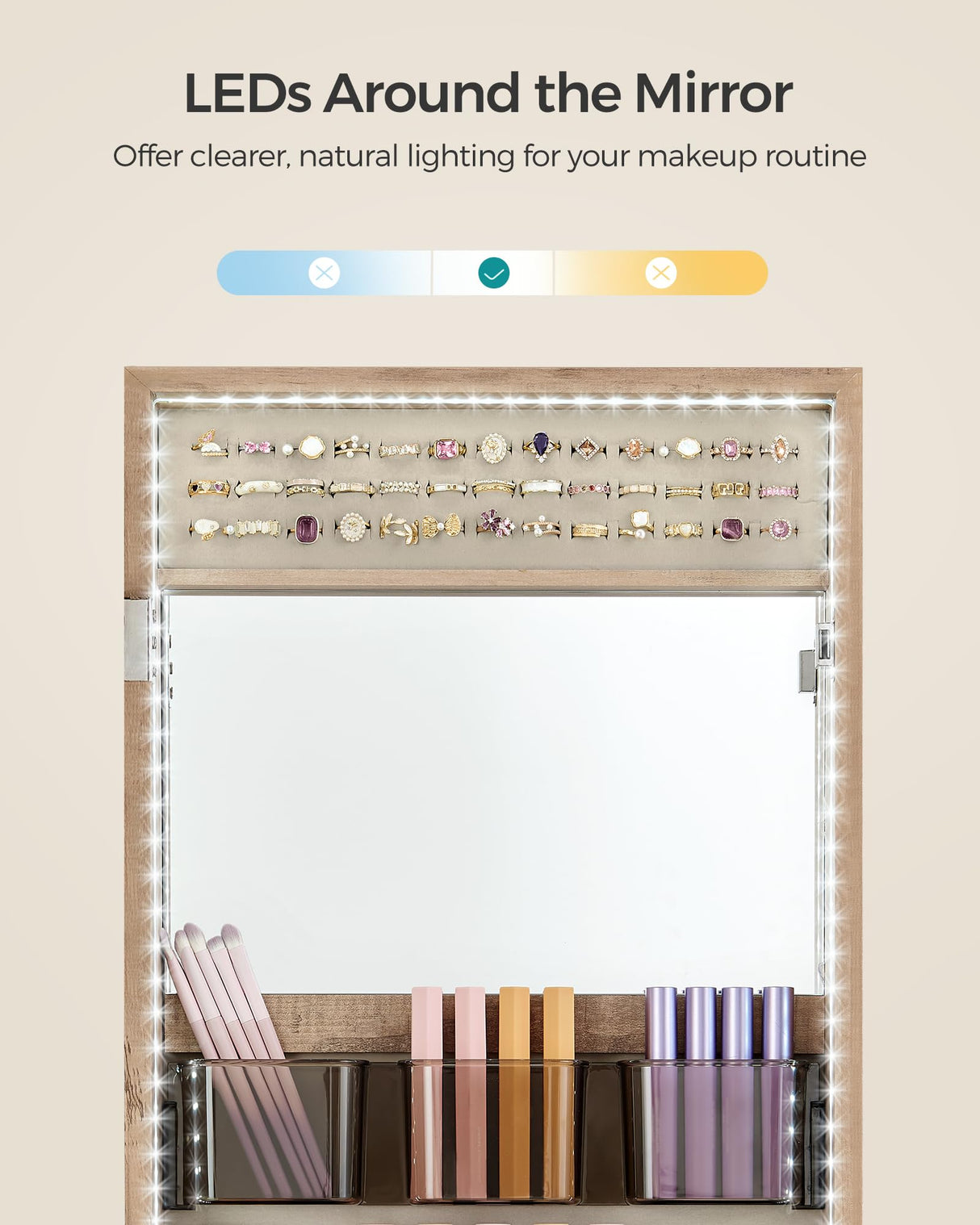 SONGMICS Jewelry Cabinet Armoire Organizer with LED Lights, Wall-Mounted Storage Cabinet with Full-Length Frameless Mirror, Built-in Makeup Mirror, 2 Drawers, Lockable, Camel Brown UJJC013N01 SONGMICS