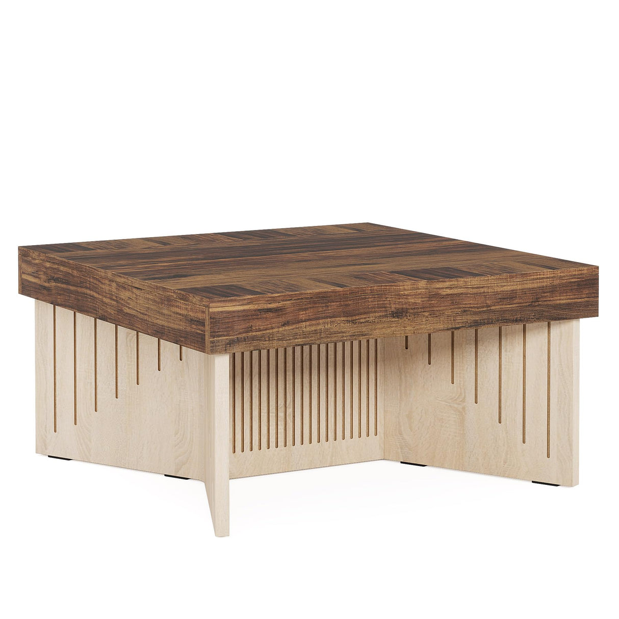 Tribesigns 35.4" Coffee Table, Square Wood Coffee Table, Farmhouse Coffee Table Center with Engraved Lines Design, Coffee Table for Living Room Tribesigns