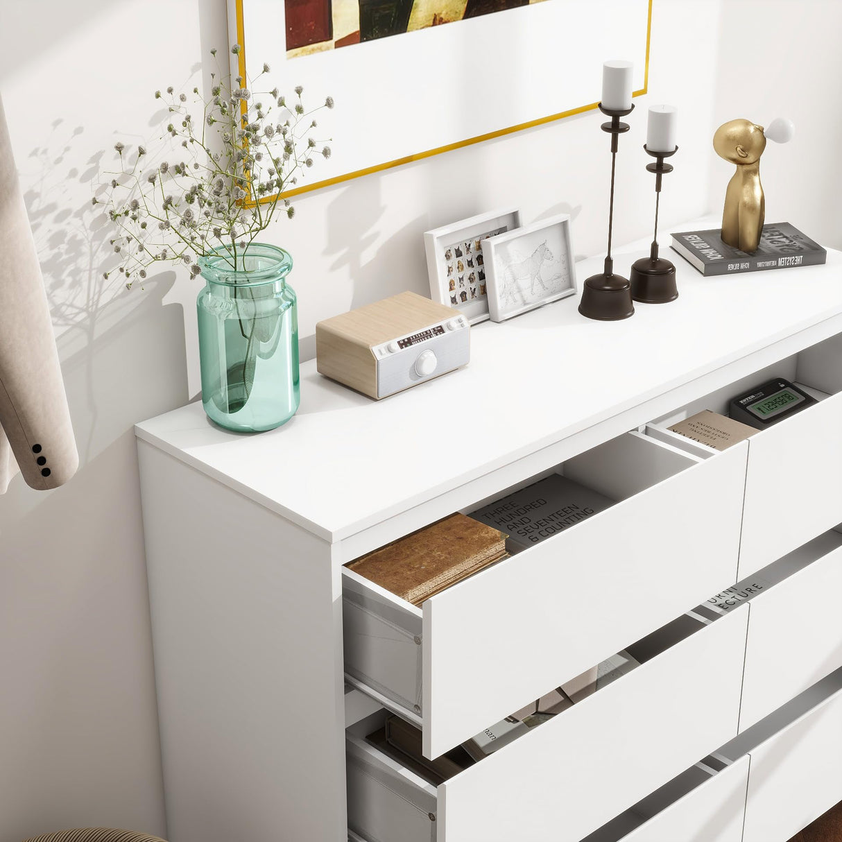 Panana Modern 6 Drawer Double Dresser, Wood Wide 6 Chest of Drawers with Deep Drawers Floor Storage Lateral Drawer Cabinet Organizer for Living Room Bedroom Home Office (White) Panana