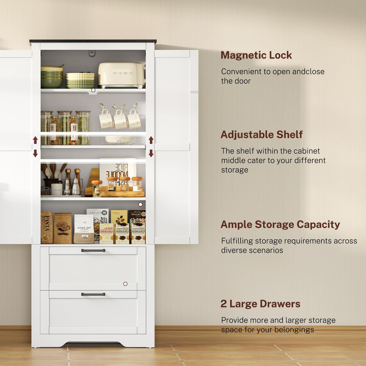 TEENFON 66.2" H Storage Cabinet with 2 Drawers, Farmhouse Kitchen Pantry Cabinet with 2 Doors & Adjustable Shelf, Bathroom Cabinet, for Living Room, Kitchen, Bathroom, White TEENFON