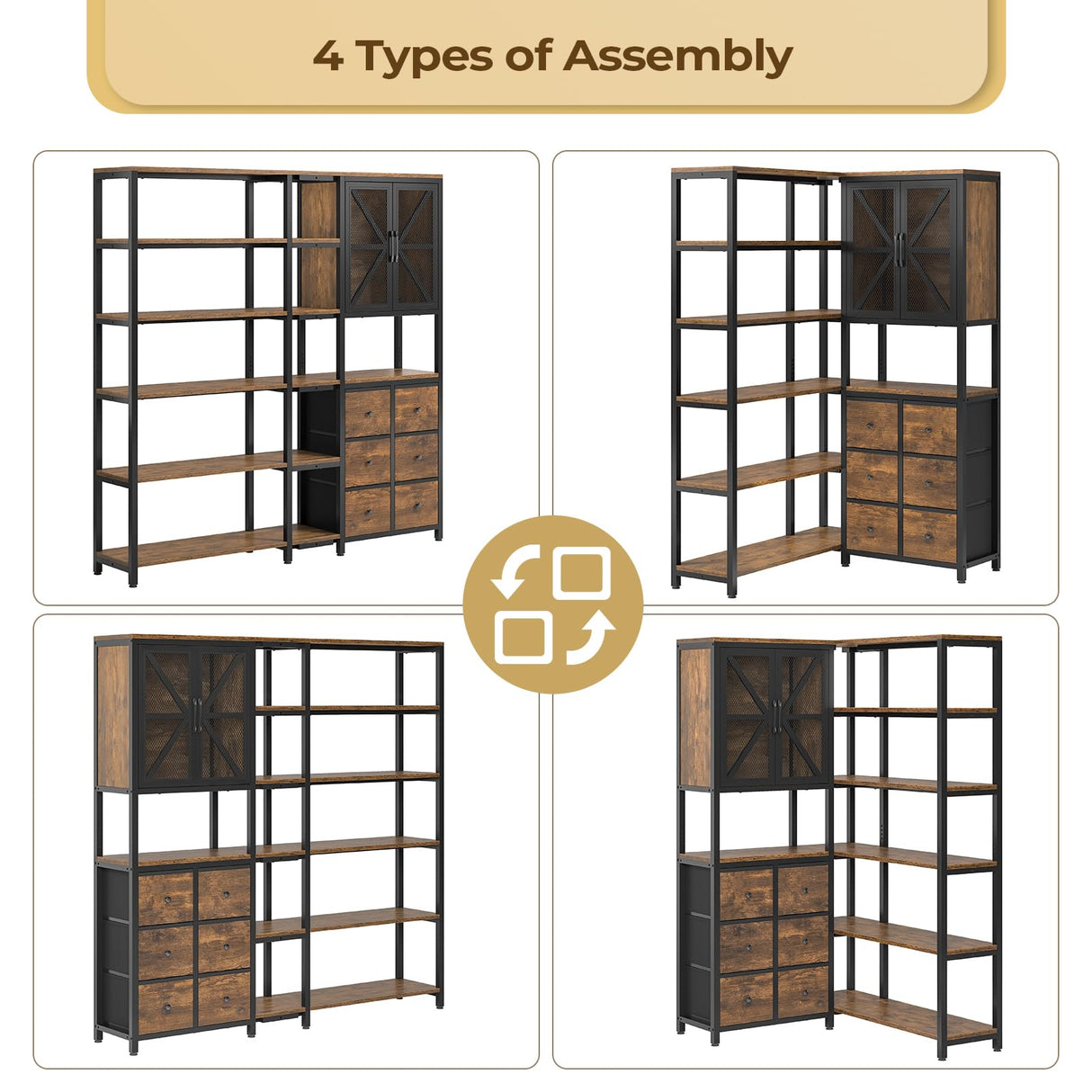 BTHFST Corner Bookshelf 6 Tier, 70.9" Convertible Tall Bookshelf with 6 Fabric Drawers, Corner Bookcase with Metal Doors, Large Display Shelf Book Shelf for Living Room,Home Office, Rustic Brown BTHFST