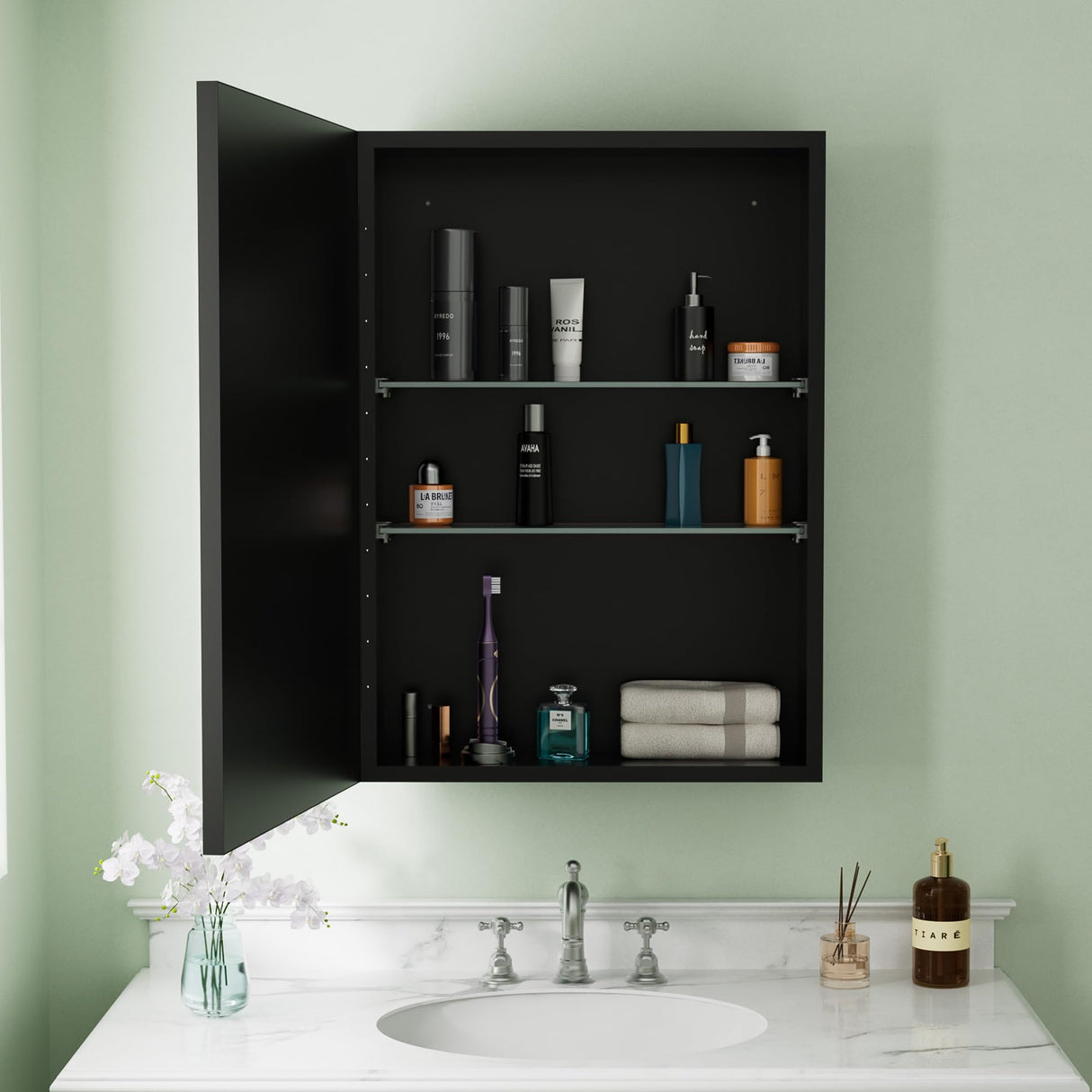 Buruis 14"x 24" Framed Medicine Cabinet with Mirror, Recessed or Wall Mounted Bathroom Cabinet, Adjustable Tempered Glass Shelves, Left/Right Open Reversible, No Assembly Required, Black Buruis