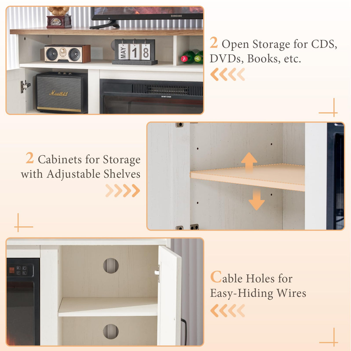 AMERLIFE 63" Farmhouse TV Stand with 26" Fireplace, for TVs up to 73", Media Entertainment Center with Adjustable Shelf & Barn Doors, Rustic TV Console Cabinet for Living Room, Rustic Oak & White AMERLIFE