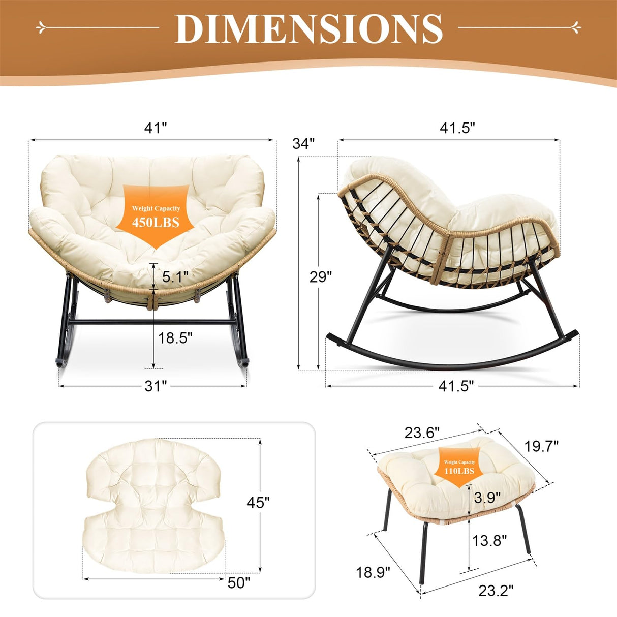 FINCATI Egg Rocking Chair with Ottoman Set of 2, Comfy Oversized Papasan Lounge Chairs with Padded Cushions, Double 2 Person Patio Rocker, Reading Glider for Indoor Outdoor Balcony Living Room, Beige FINCATI