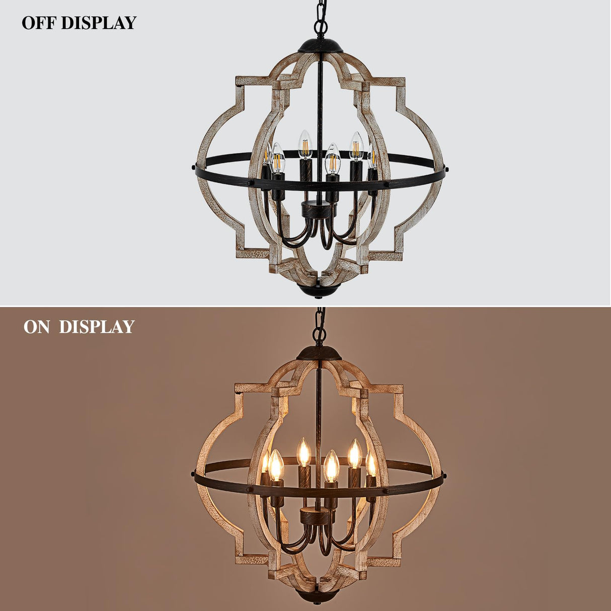 TACDANDM Farmhouse Chandelier for Dining Room Vintage Rustic Oak Distressed White 23'' 6-Light Wood Pendant Lighting Globe Hanging Ceiling Light Fixtures for Entryway Foyer Kitchen Living Room TACDANDM