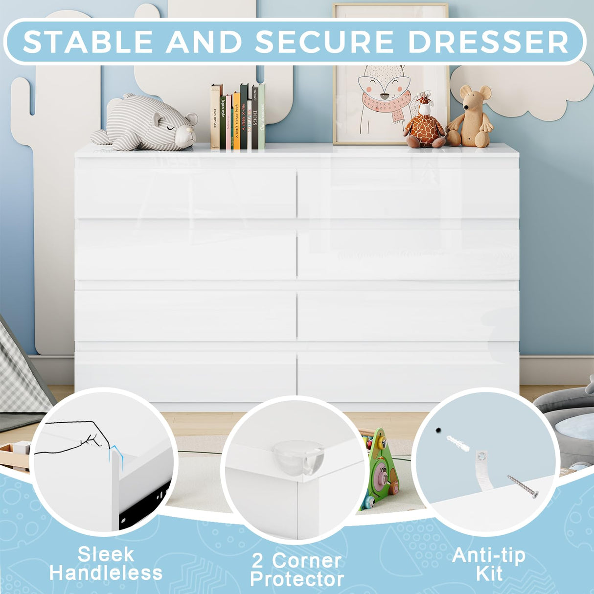 OtterOasis White Wood Dresser for Bedroom, 8 Drawer Dressers for Clothes Storage, Modern Dresser with Wide Drawers, Wide Wooden Chest Drawers for Living Room, Entryway, TV Stand(55" W x15.4 Dx32.3 H) OtterOasis