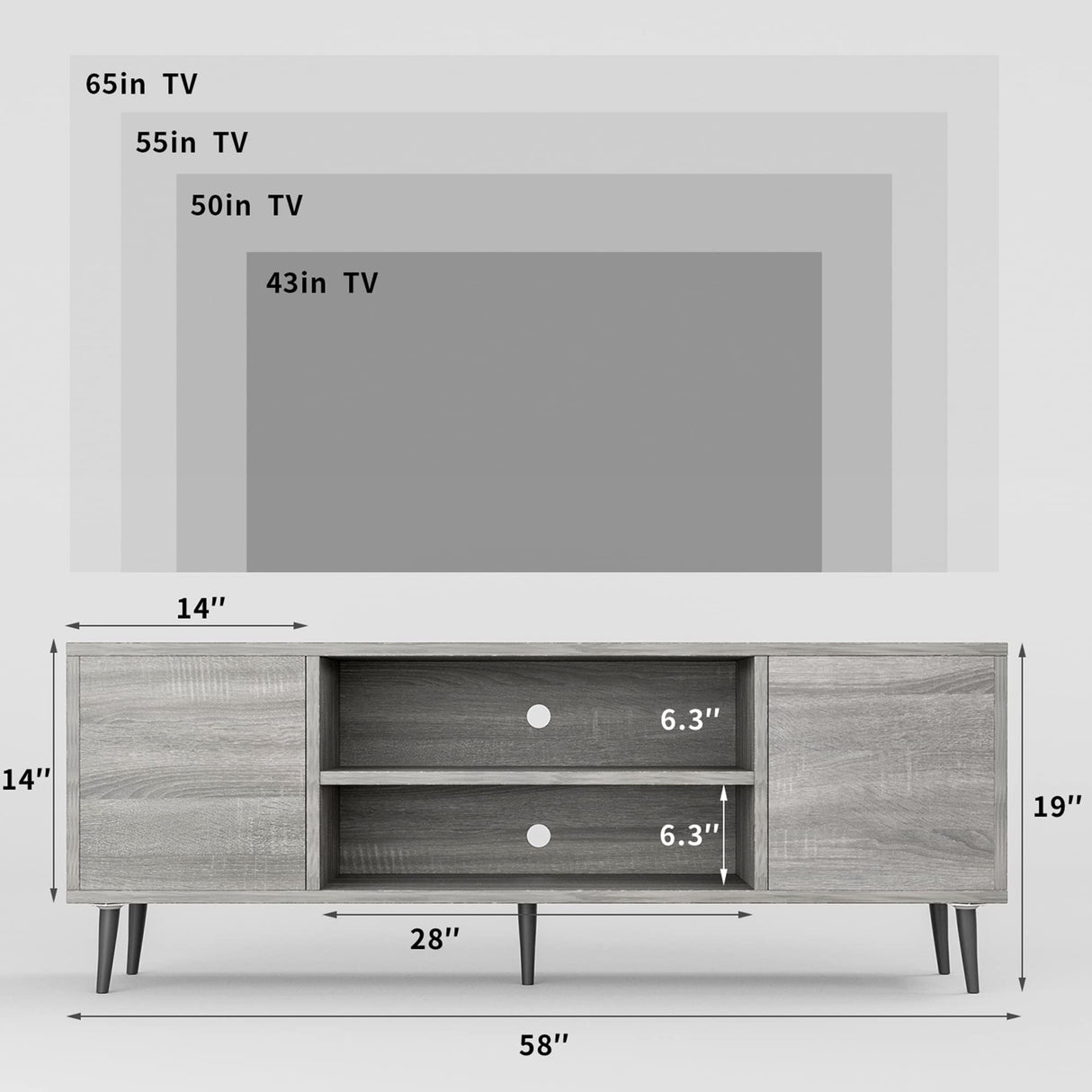 JUMMICO TV Stand for 65 Inch TV, Modern Entertainment Center with Storage Cabinet and Open Shelves, TV Console Table Media Cabinet for Living Room, Bedroom and Office (Light Gray) JUMMICO