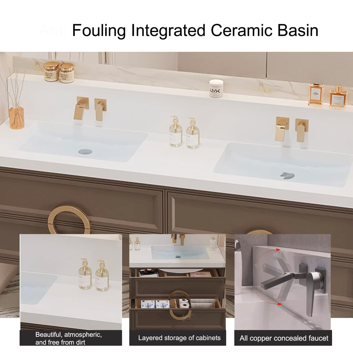 Genpai Bathroom Vanity with Sink Business - 60IN Double Sink Wall Mount Floating | LED Lighted & One-Touch Mirror, Modern Bathroom Vanity, 2 Faucet Genpai