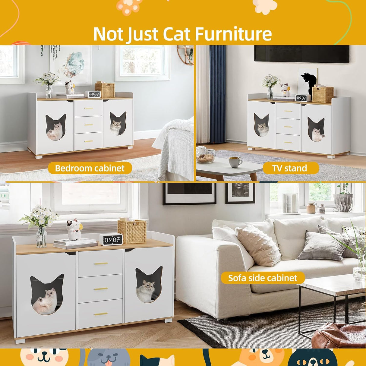 DWVO Double Cat Litter Box Enclosure for 2 Cats, 55 inch Large Two Cat Litter Box Furniture with Drawers for Storage, Wooden Dual Litter Box TV Stand White, 55" L x 19.7" W x 31.5" H DWVO