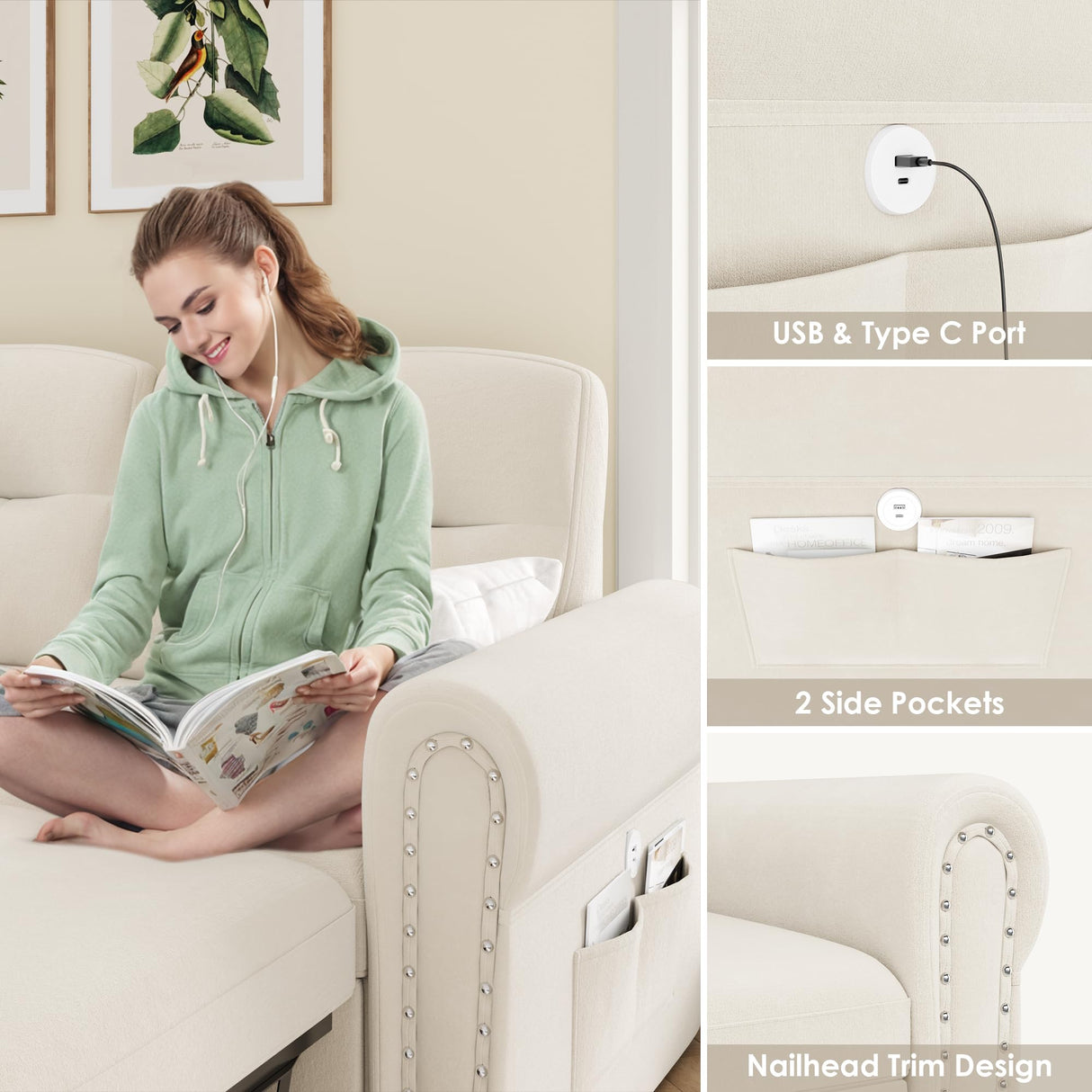 Sleeper Sofa Bed, 87'' Sectional Couch with Reversible Storage Chaise & Nailhead Armrest, Pull Out Couches for Living Room, Side Pocket & Charging Station, Removable Backrest, Velvet Fabric, Beige Keyluv