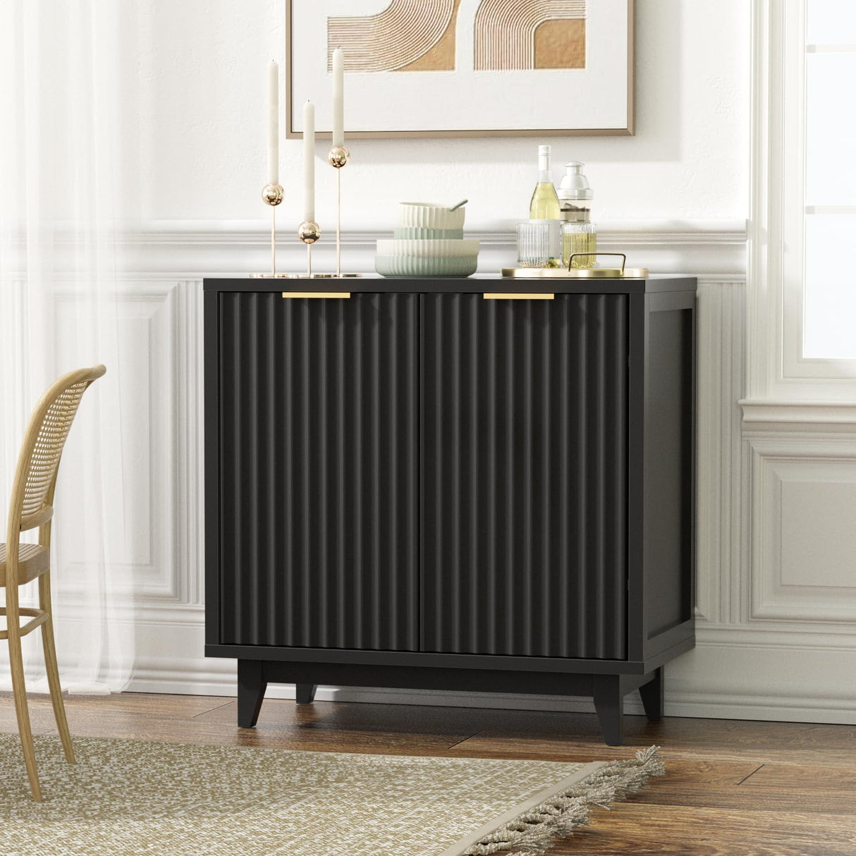 Fluted Cabinet with Storage, 2 Doors Sideboard Buffet, Mid Century Modern Accent Cabinet with Adjustable Shelves, Multifunctional Console Table with Storage for Living Room, Kitchen, Entryway FiveWillowise