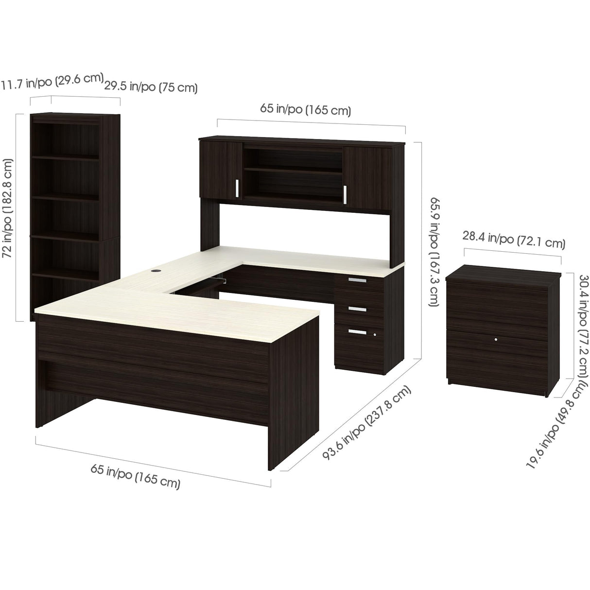 Bestar, Ridgeley Collection, 3-Piece Set Including a U-Shaped Desk with Hutch, a Lateral File Cabinet, and a Bookcase Bestar