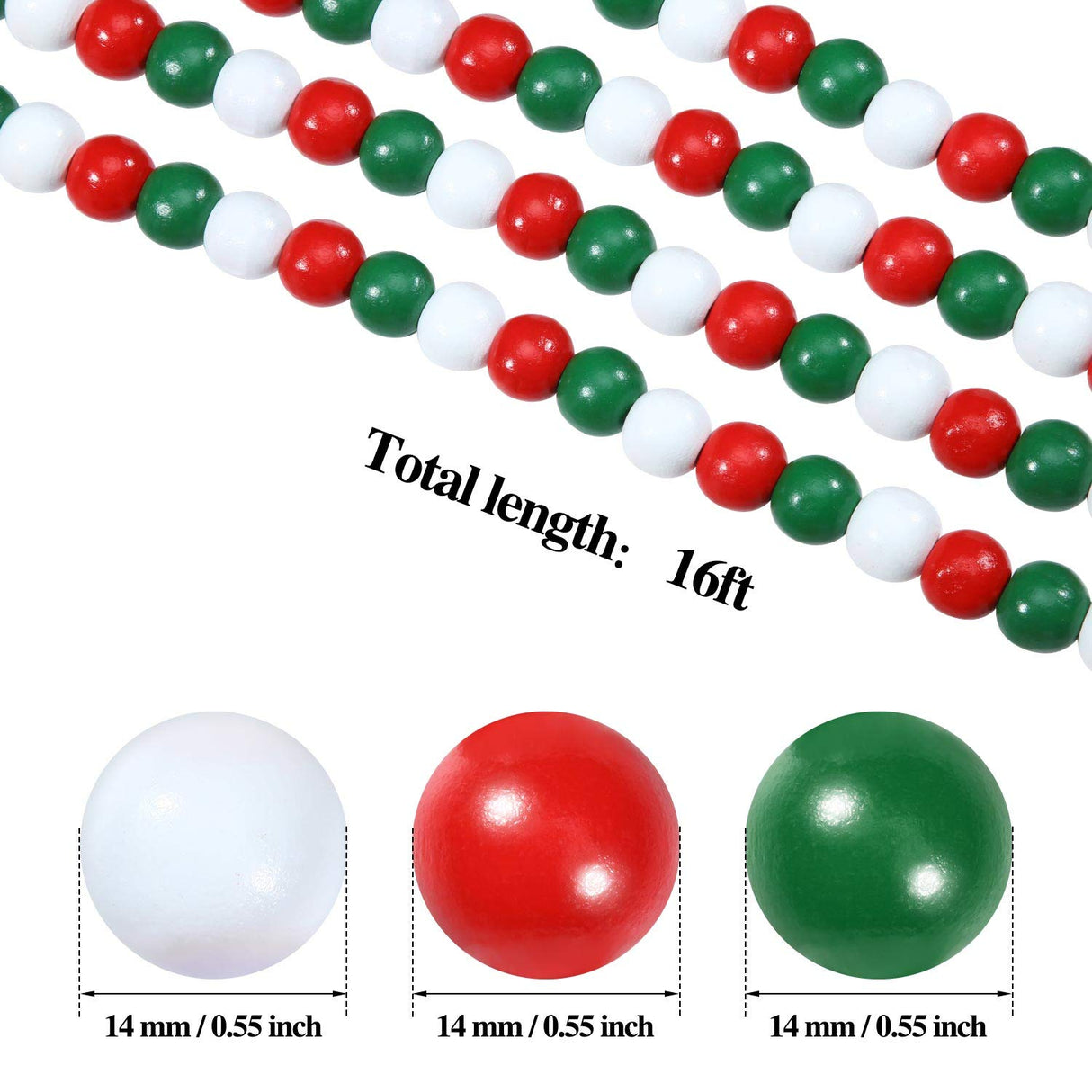 16 Feet Christmas Wooden Bead Garland Christmas Wood Bead Garland Decor Xmas Candy Cane Decoration Farmhouse Rustic Bead Tree Decoration for Holiday Party(Mixed Red, White, Green) Hicarer