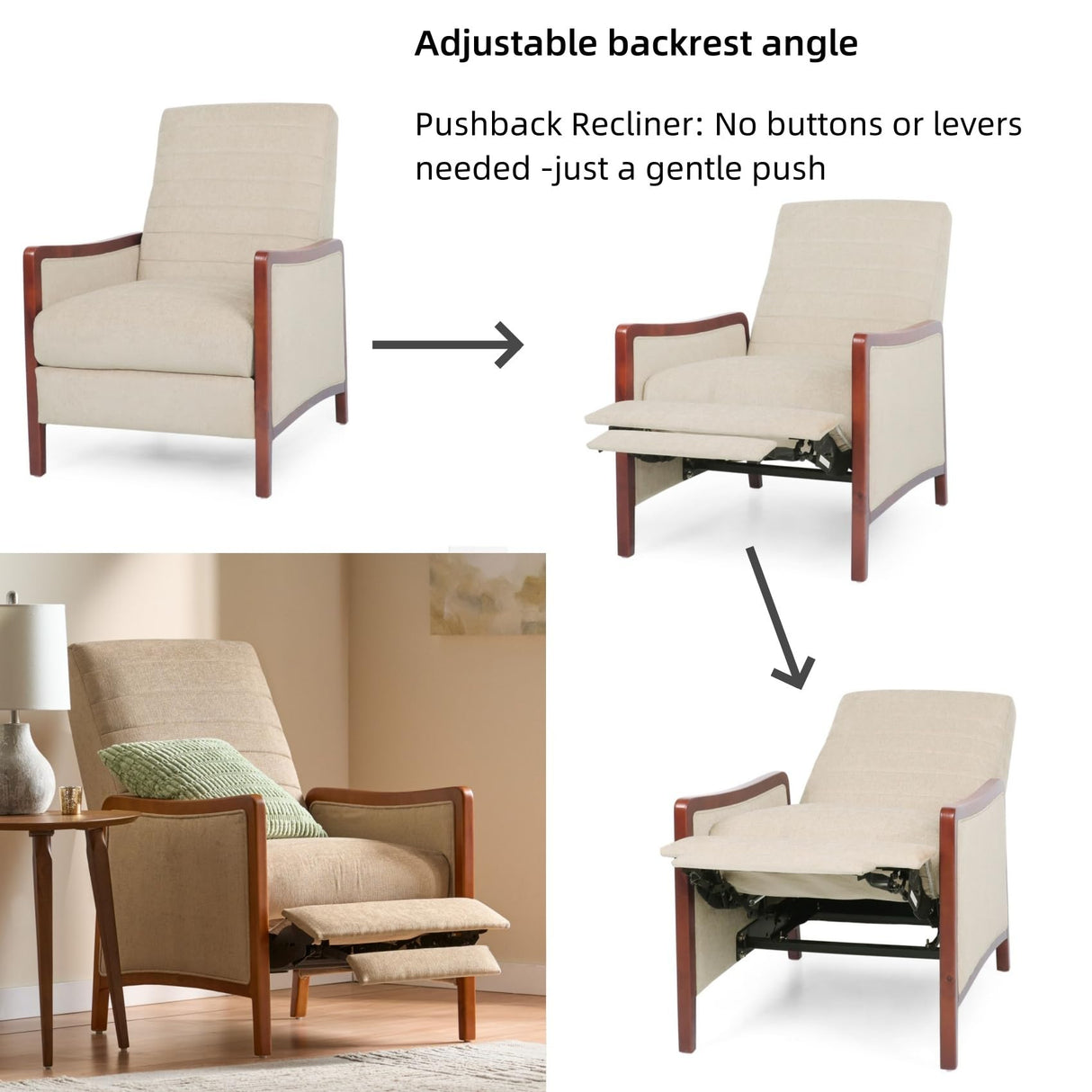 Merax Push Back Recliner Chair with Footrest, Reading Lounge Accent Lazy Sofa Seating for Living Room, Bedroom, Dorm, Mid-Century Modern Style, Dorm, Beige Merax