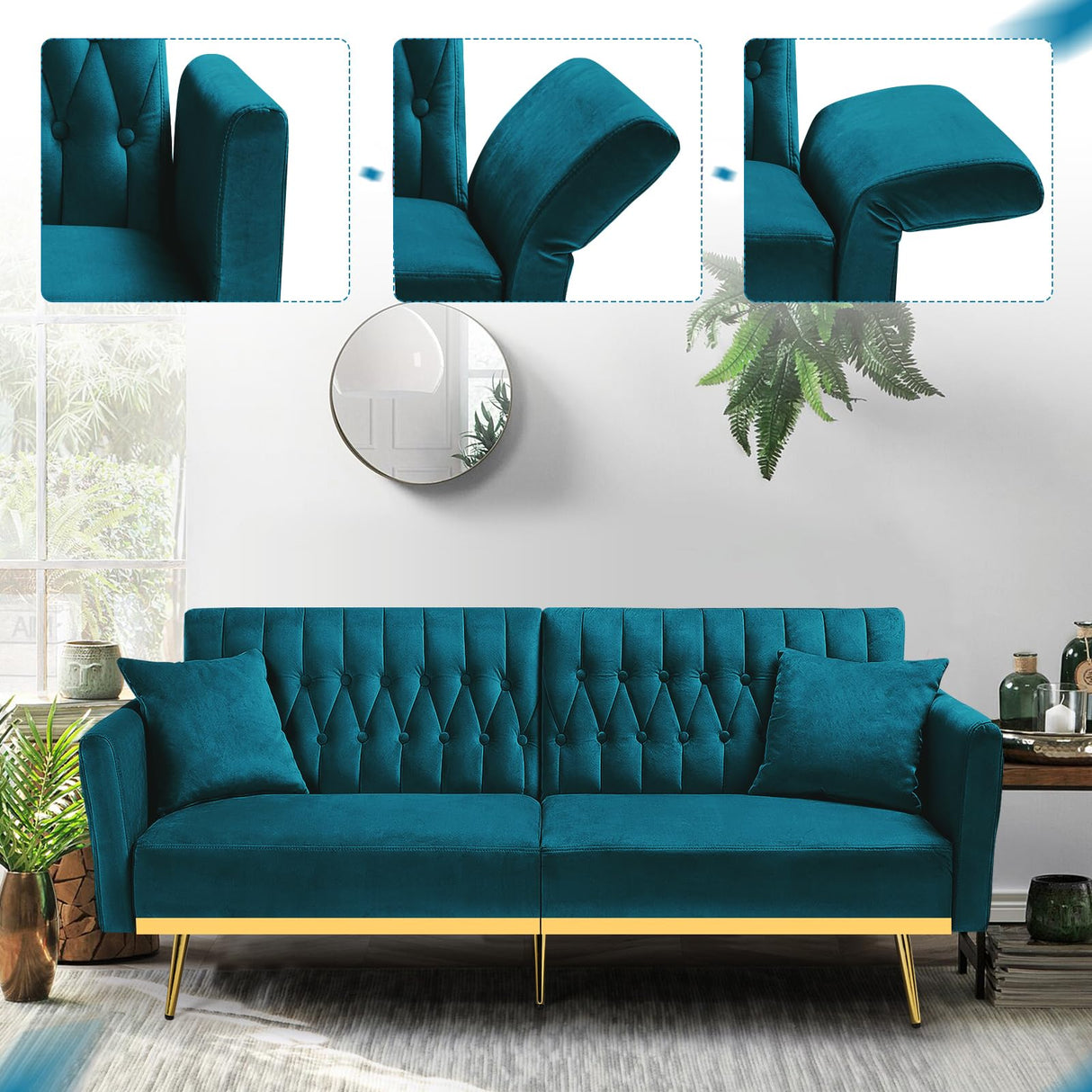ACMEASE 70” Velvet Futon Sofa Bed w/Adjustable Armrests and Backrest, Convertible Futon Couch w/2 Pillows, Modern Sleeper Bed for Living Room, Bedroom, Teal ACMEASE