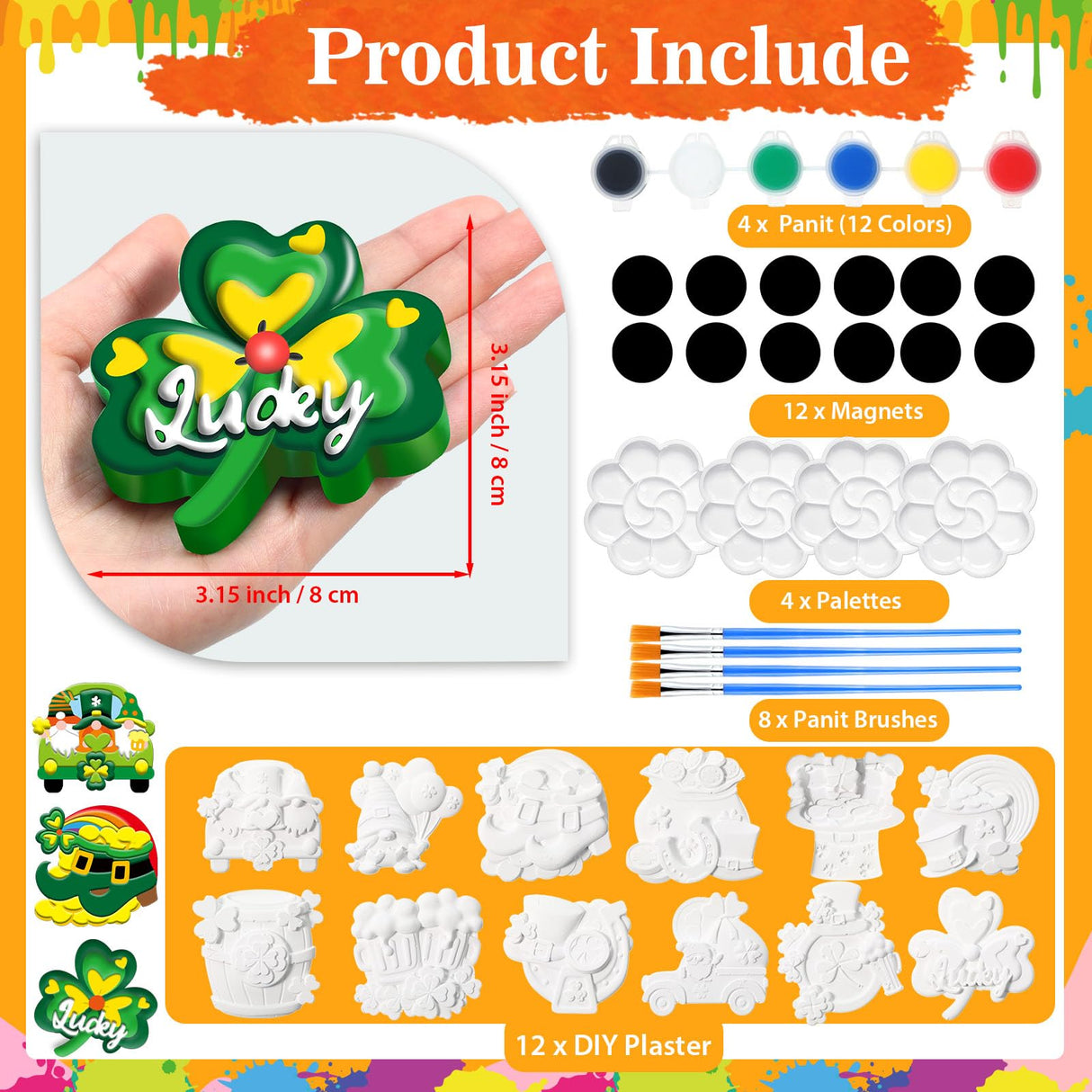 Arrowbash 12 Sets St. Patrick's Day Plaster Painting Kit Ceramics to Paint Green Shamrock Fridge Magnets DIY Irish Theme Plaster Statue Crafts Unpainted Ceramic Figurines Refrigerator Magnets Arrowbash