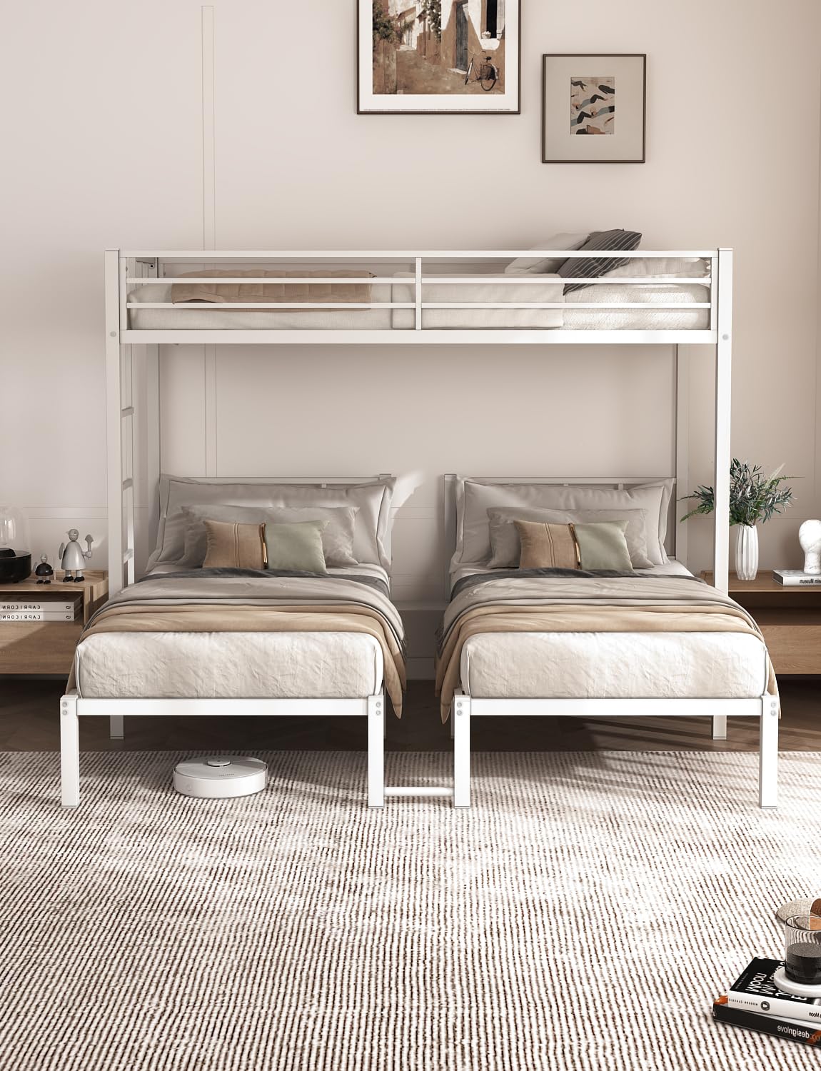 HKOLIE Twin Over Twin & Bunk Beds for 3, Triple Bunk Bed for 3 with Guardrails, Ladder & Upper-Bed Platform, for Children, Teens, Adults, No Box Spring Needed, White HKOLIE