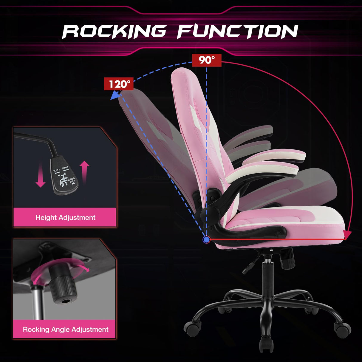 Sweetcrispy Computer Gaming Desk Chair - Pink Ergonomic Office Executive Adjustable Swivel Task PU Leather Racing Chair with Flip-up Armrest for Adults, Kids, Men, Girls, Gamer, White Pink Sweetcrispy