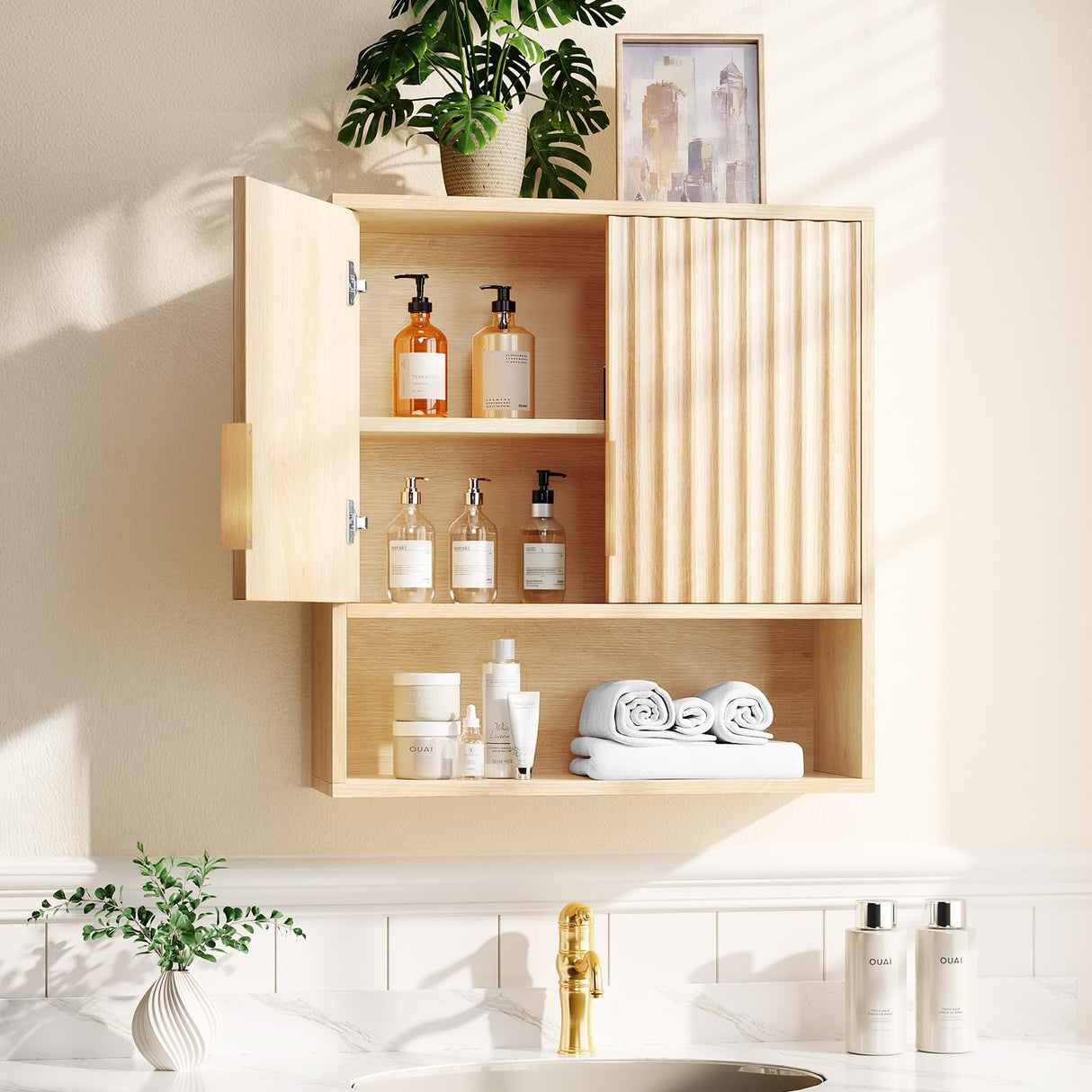 VINGLI Fluted Modern Medicine Cabinet,Bathroom Wall Cabinet Over Toilet Storage, Upper Floating Countertop Storage for Bathroom, Laundry Room,Small Hanging Kitchen Wall Cabinets (Natural Oak Color) VINGLI