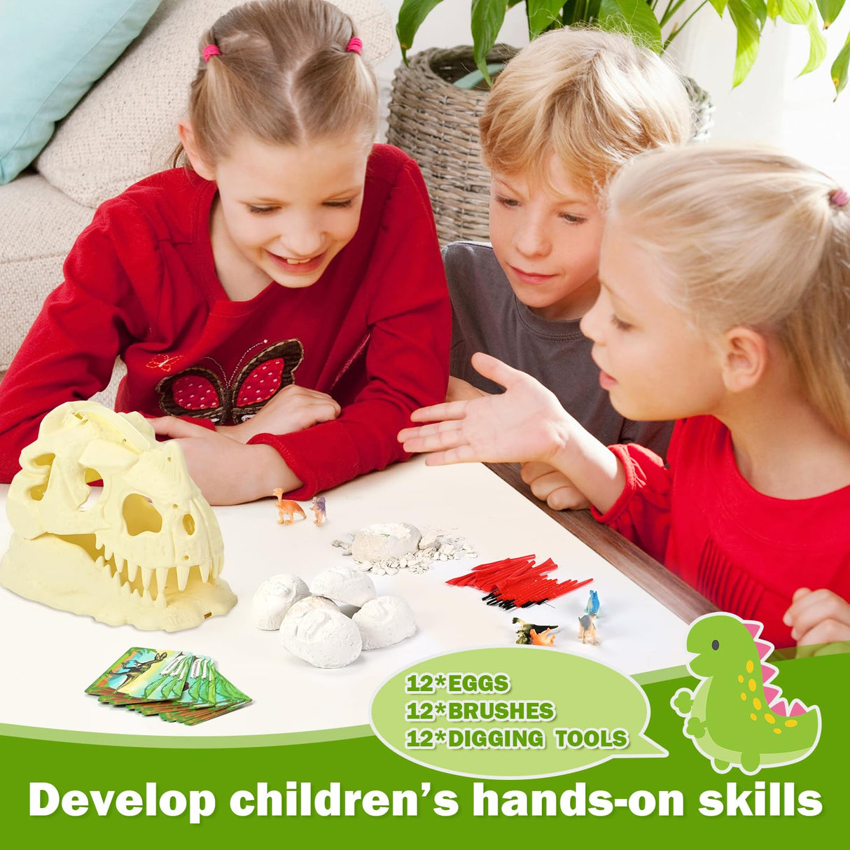 kolegend 12 Pack Dino Eggs Dig Kit and T. Rex Skull Dinosaur Eggs Excavation Set Easter Gift Dinosaur Toys Science Experiments Kits for Kids Easter Basket Stuffers Toys for 3+Year Old Boys Girl kolegend