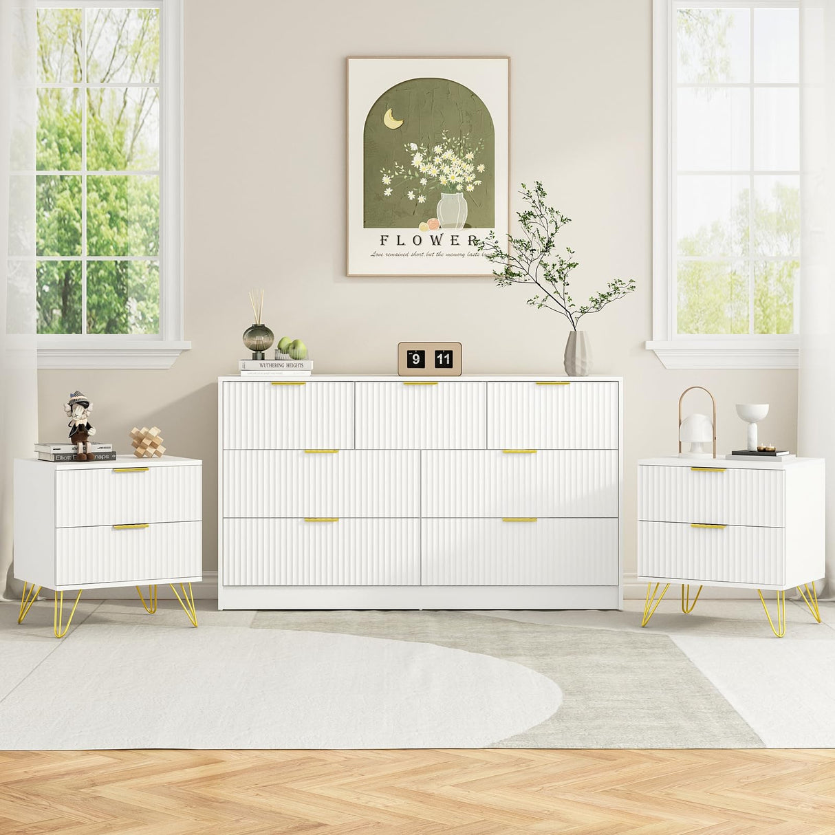 Sscaktu 7 Drawer Dresser and Nightstand Sets for Bedroom, 3 Pcs Bedroom Set,Night Stand Set of 2 & 7 Drawer Dresser with Gold Handles, Modern Wood Chest of Drawers Storage Cabinet Set, White Sscaktu