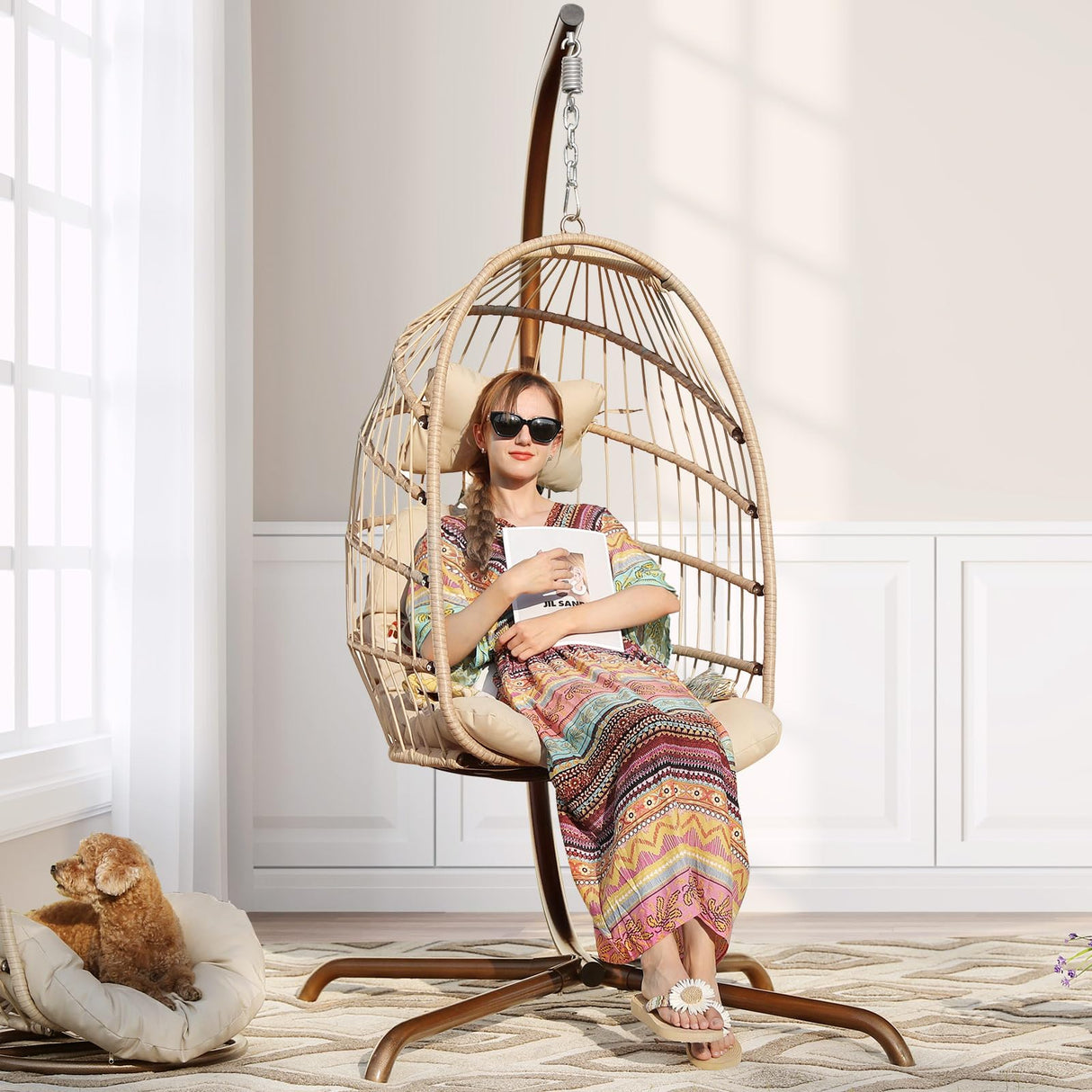 RADIATA Foldable Wicker Rattan Hanging Egg Chair with Stand, Swing Chair with Cushion and Pillow, Lounging Chair for Indoor Outdoor Bedroom Patio Garden (Beige with Stand) RADIATA