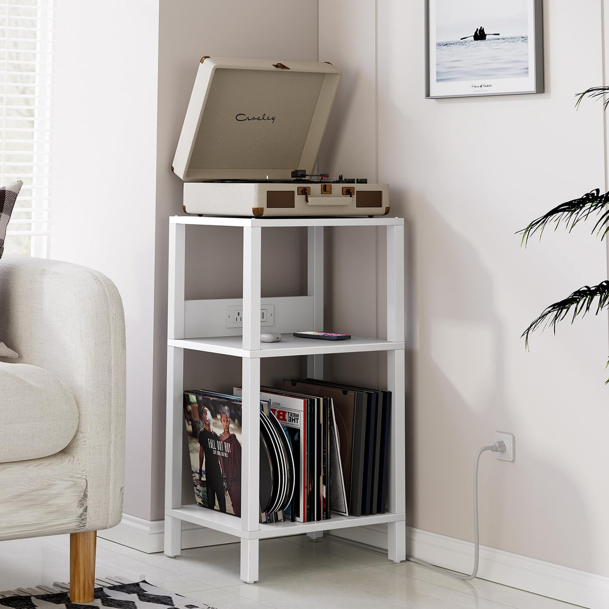 TUTOTAK Record Player Stand with Storage Up to 100 Albums,Record Storage Table,3 Tier End Table with Charging Station,Side Table for Living Room, Bedroom, White TB01BW076 TUTOTAK