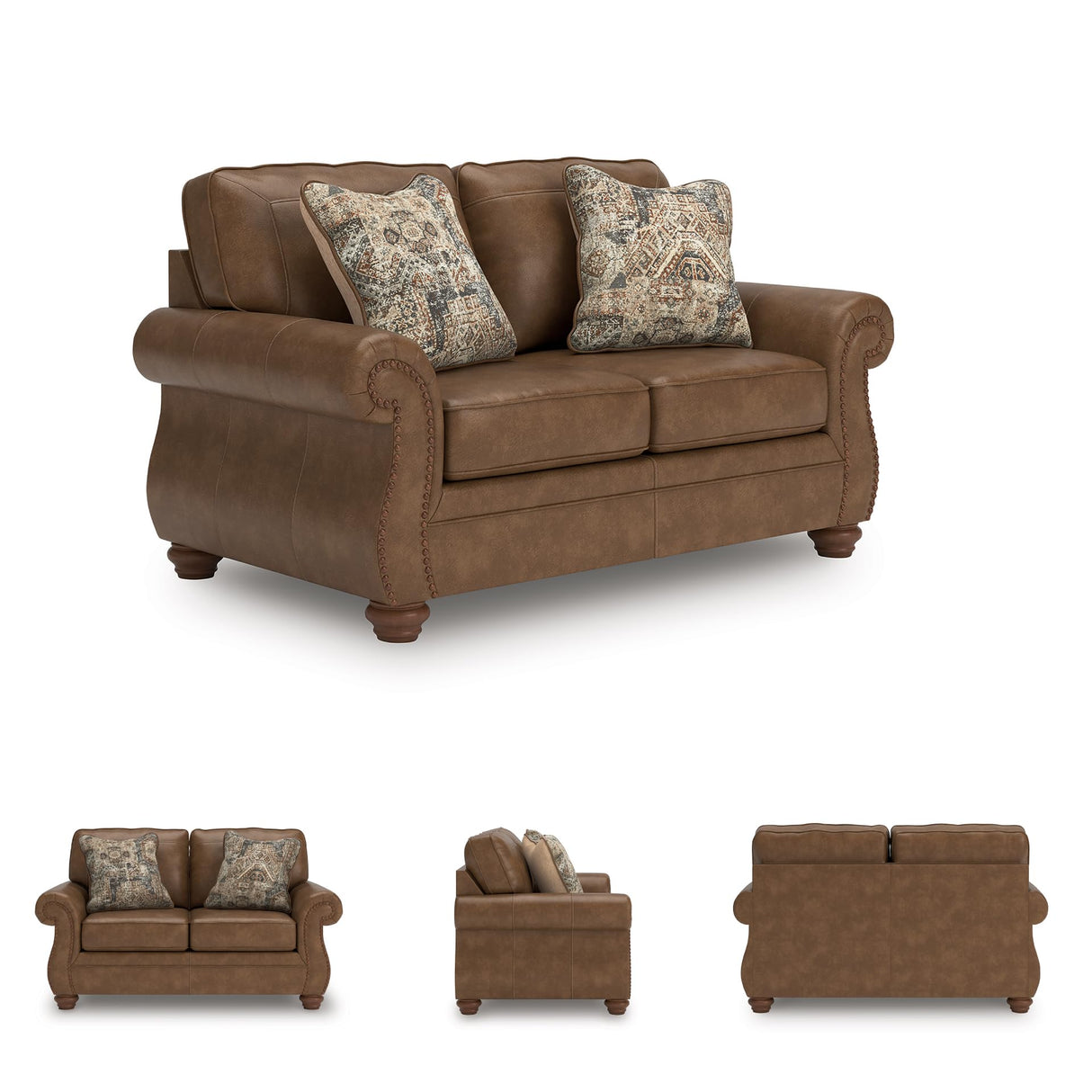 Signature Design by Ashley Shadsburne Rustic Faux Leather Loveseat with Nailhead Trim and 2 Throw Pillows, Brown Signature Design by Ashley