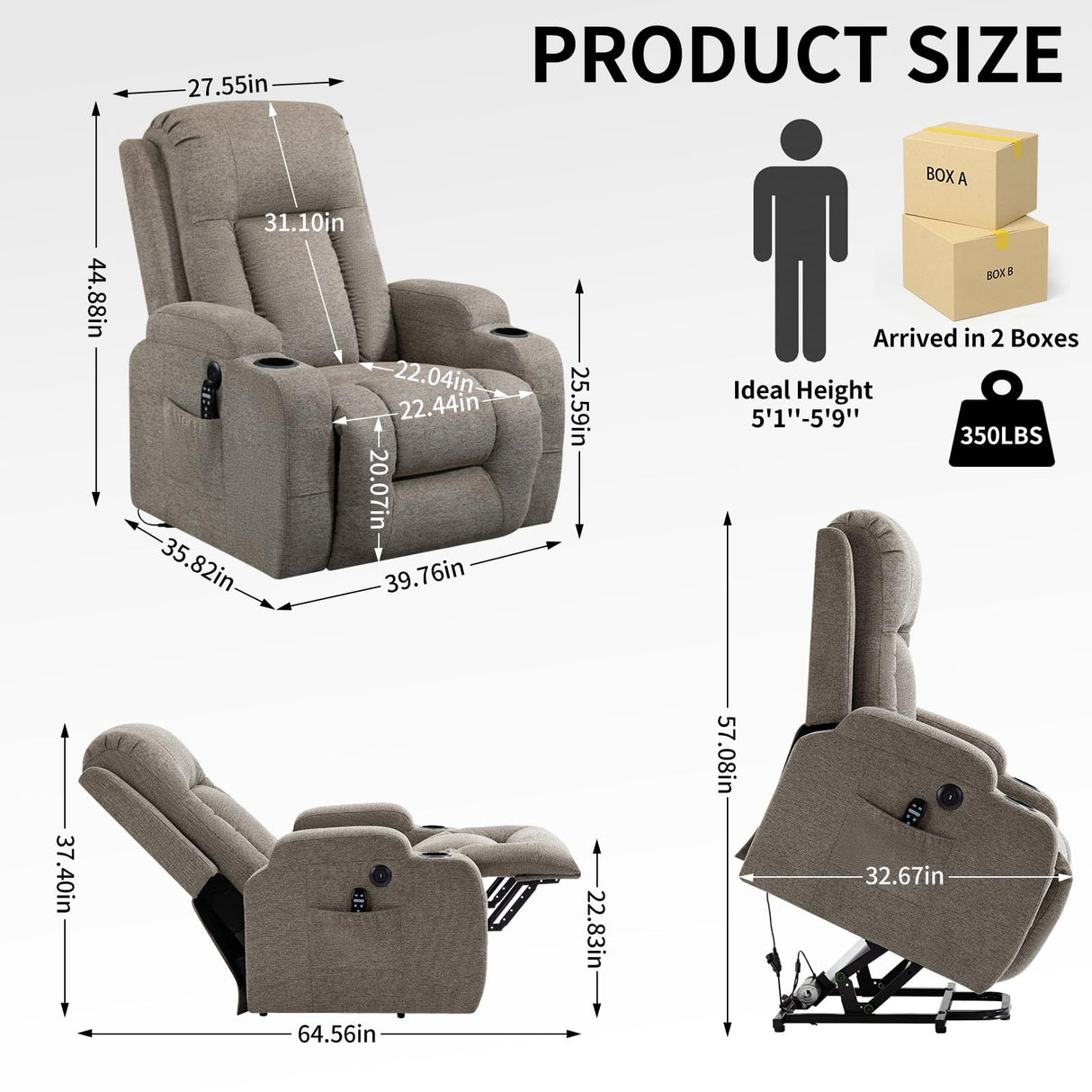 Trustyue Power Lift Recliner Chair with Heat and Massage for Elderly, Electric Recliner Chairs with Standing Assistance, 2 Cup Holders, 4 Pockets, USB Charge Port, Linen Fabric Khaki Trustyue